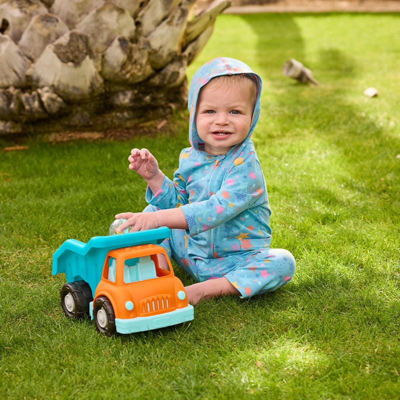 baby boy in hooded romper with toy truck|scribble-stars