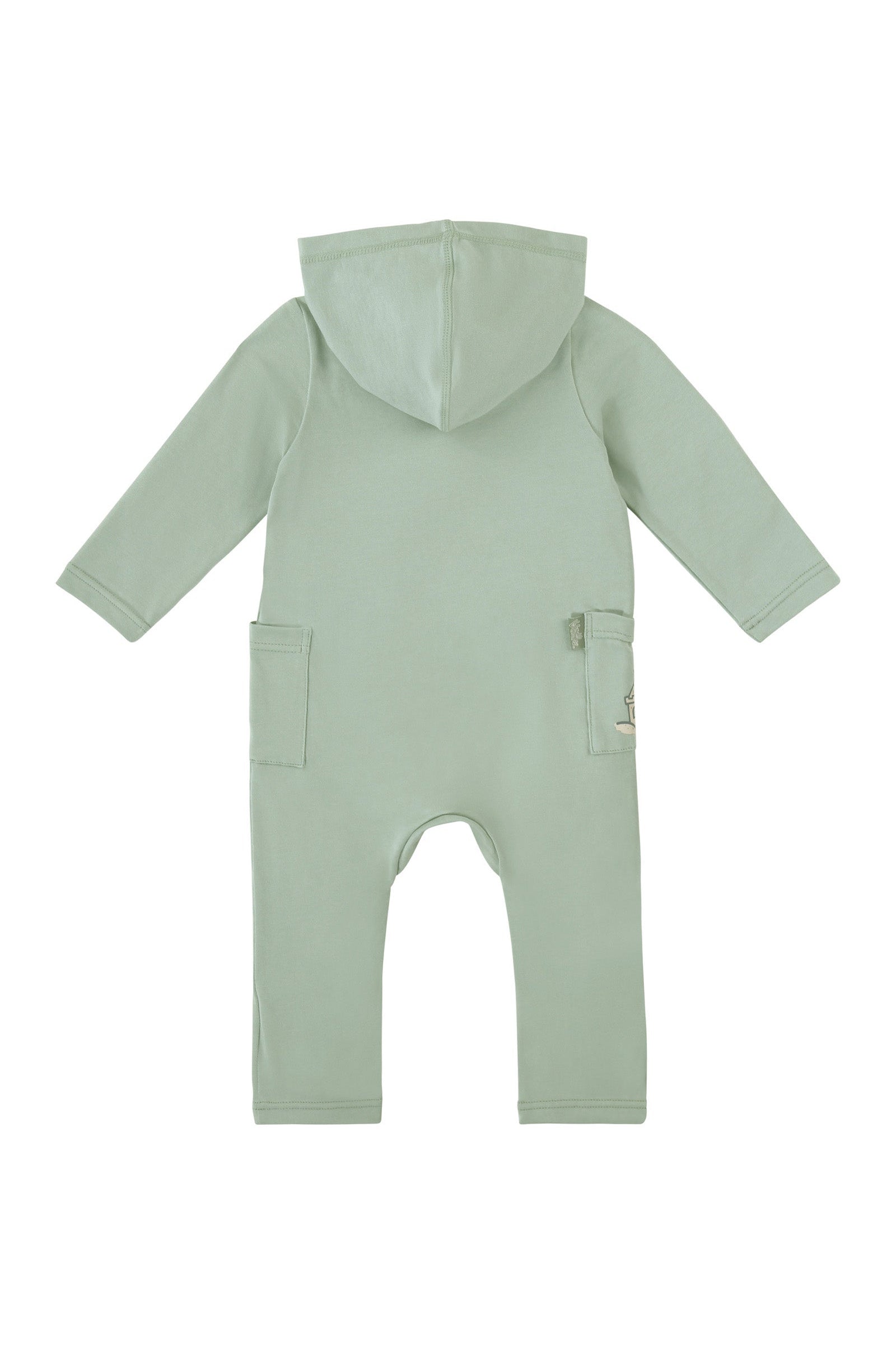 back view of baby long sleeve everyday hooded romper in sea castle|sea-castle