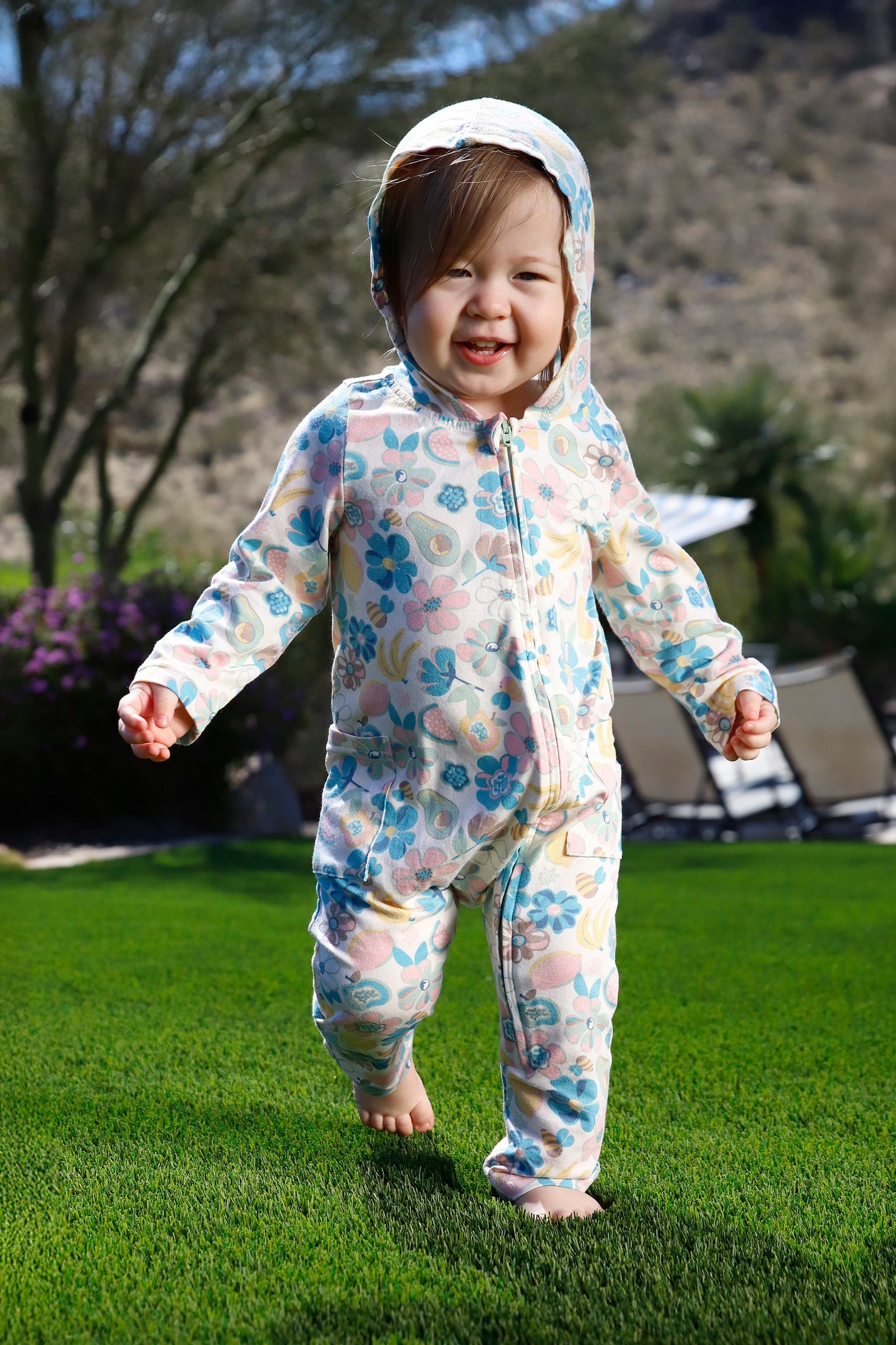 baby in everyday hooded romper|fruit-orchard