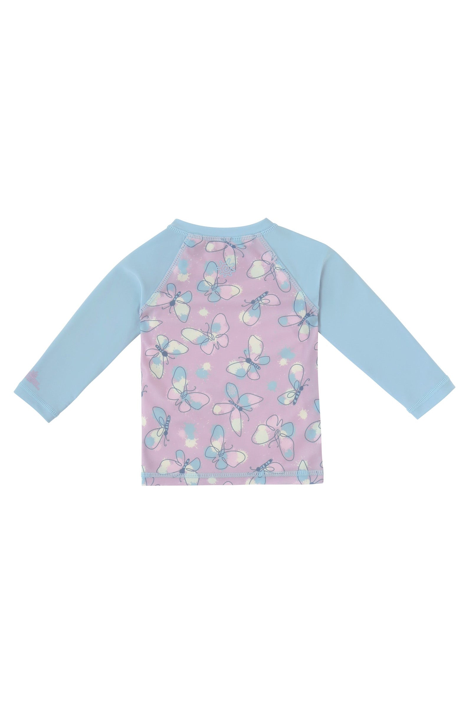 back view of baby zippy long sleeve swim shirt in colorful wings|colorful-wings