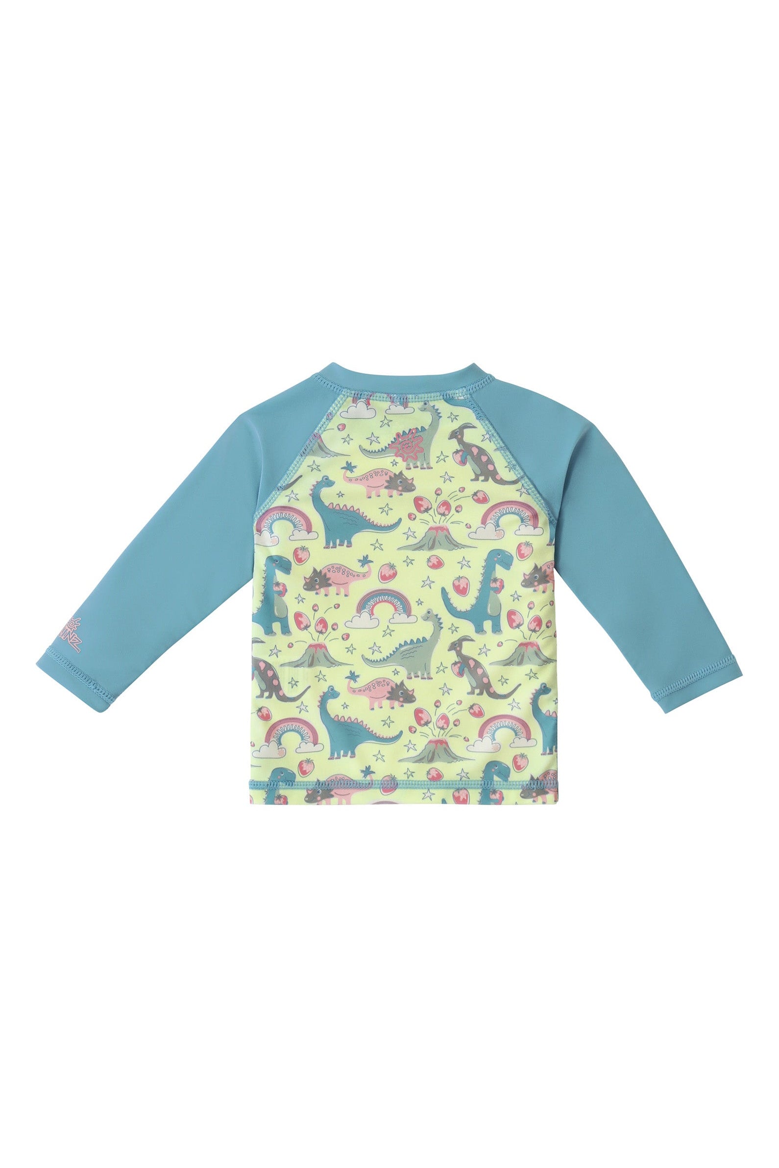 back view of baby zippy long sleeve swim shirt in dino berry|dino-berry