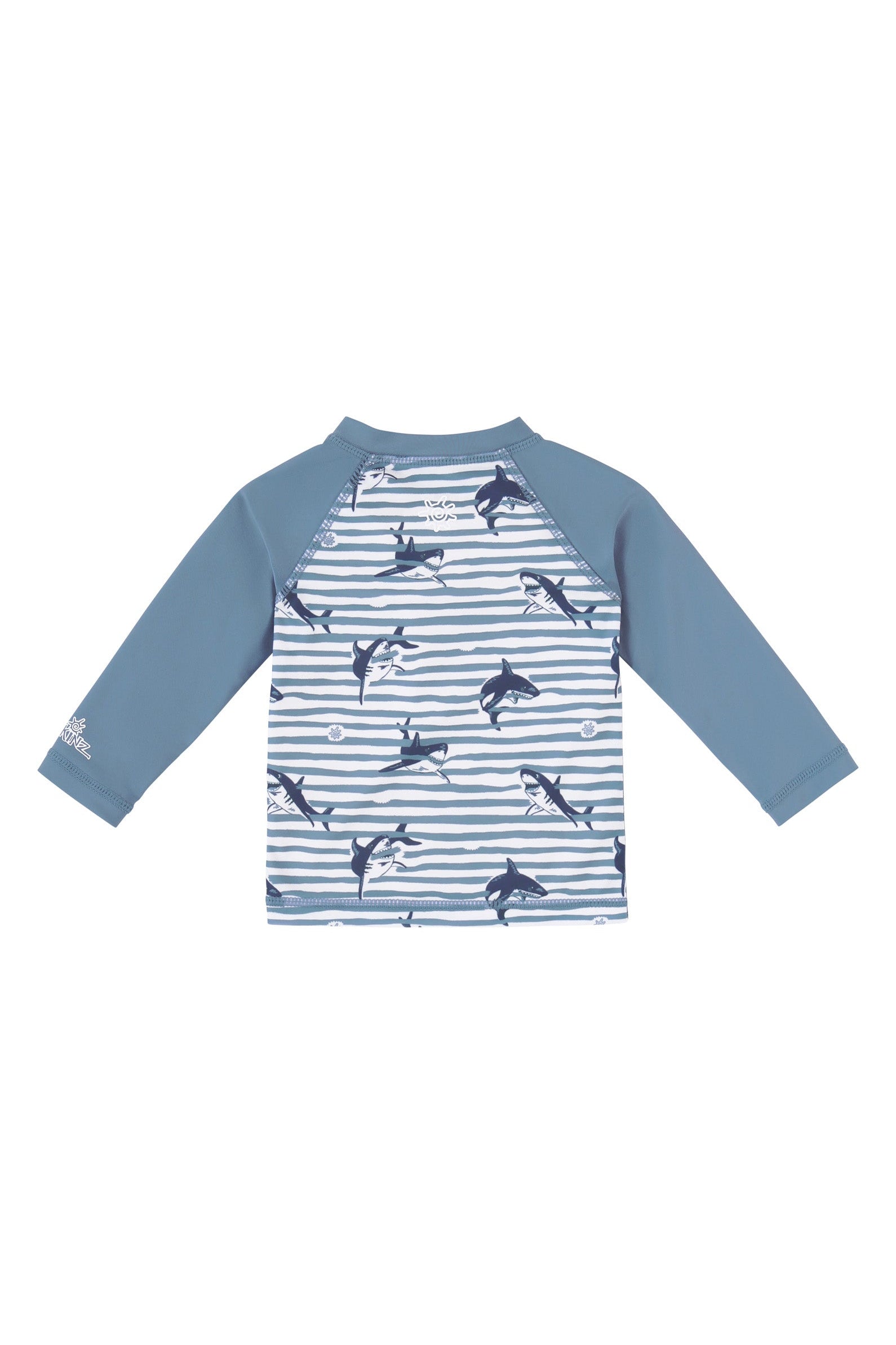 back view of baby zippy long sleeve swim shirt in shark stripe|shark-stripe
