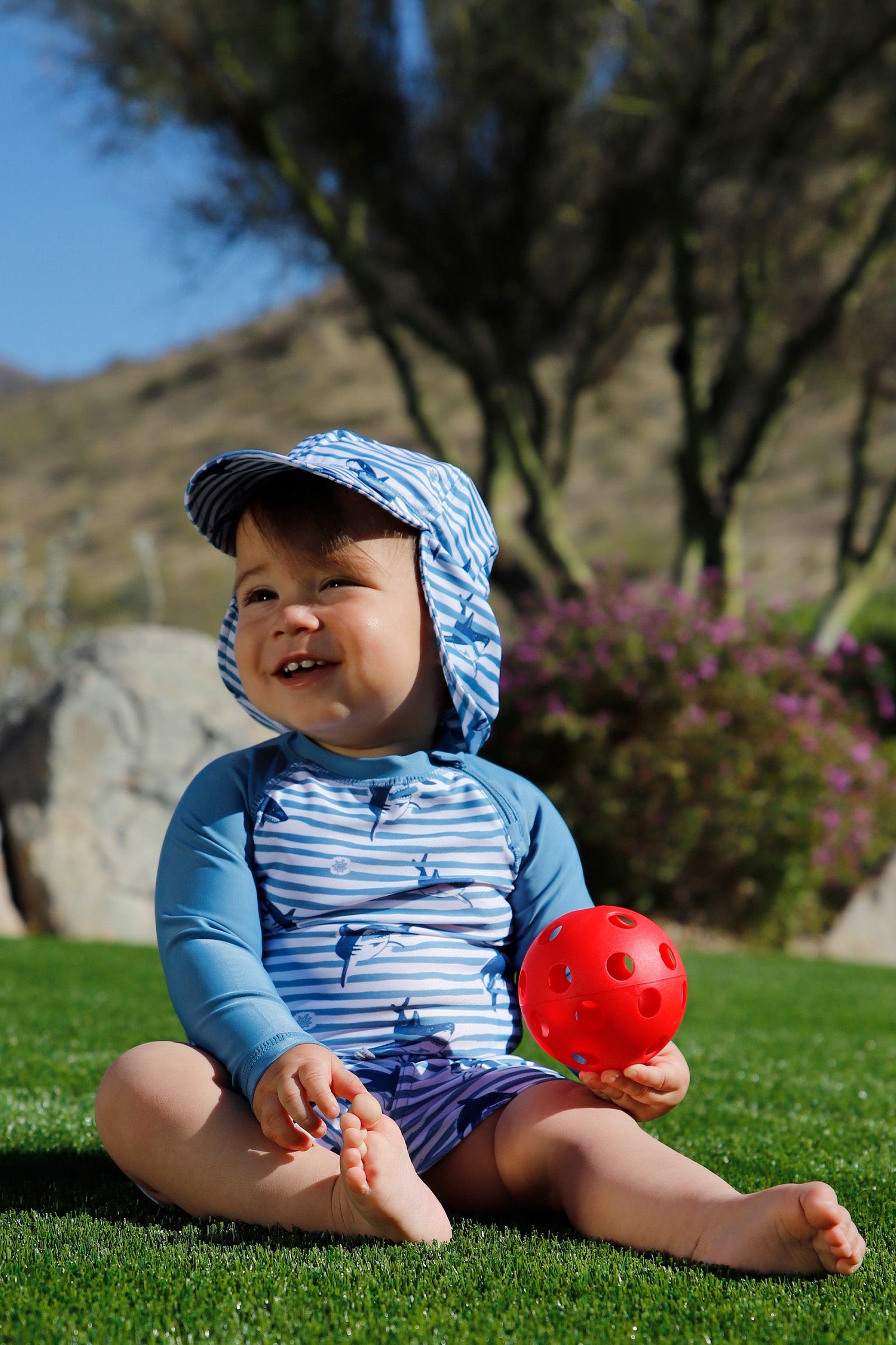 baby in swim shorties|shark-stripe