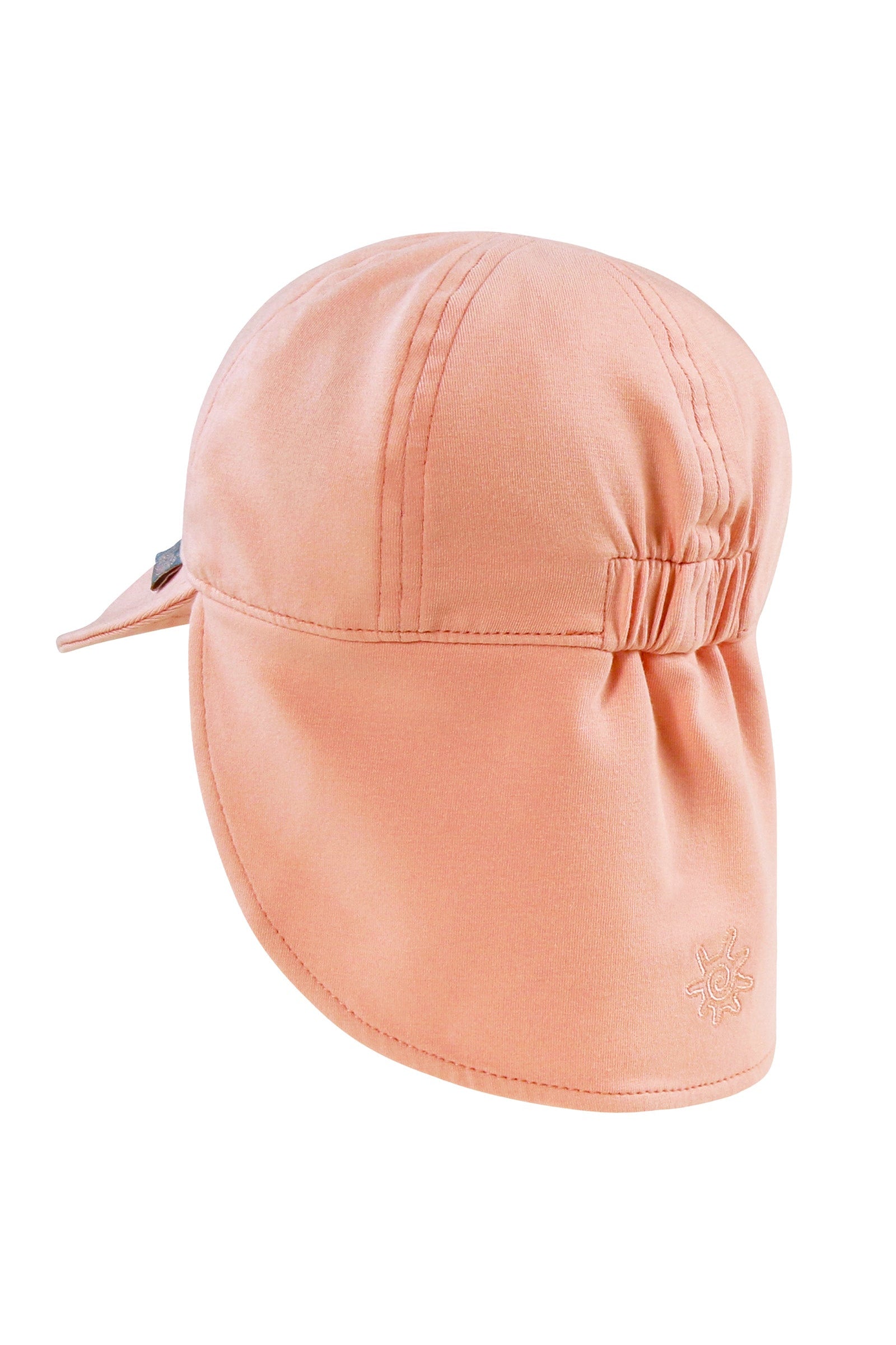 back view of baby everyday flap hat in dusty pink|dusty-pink