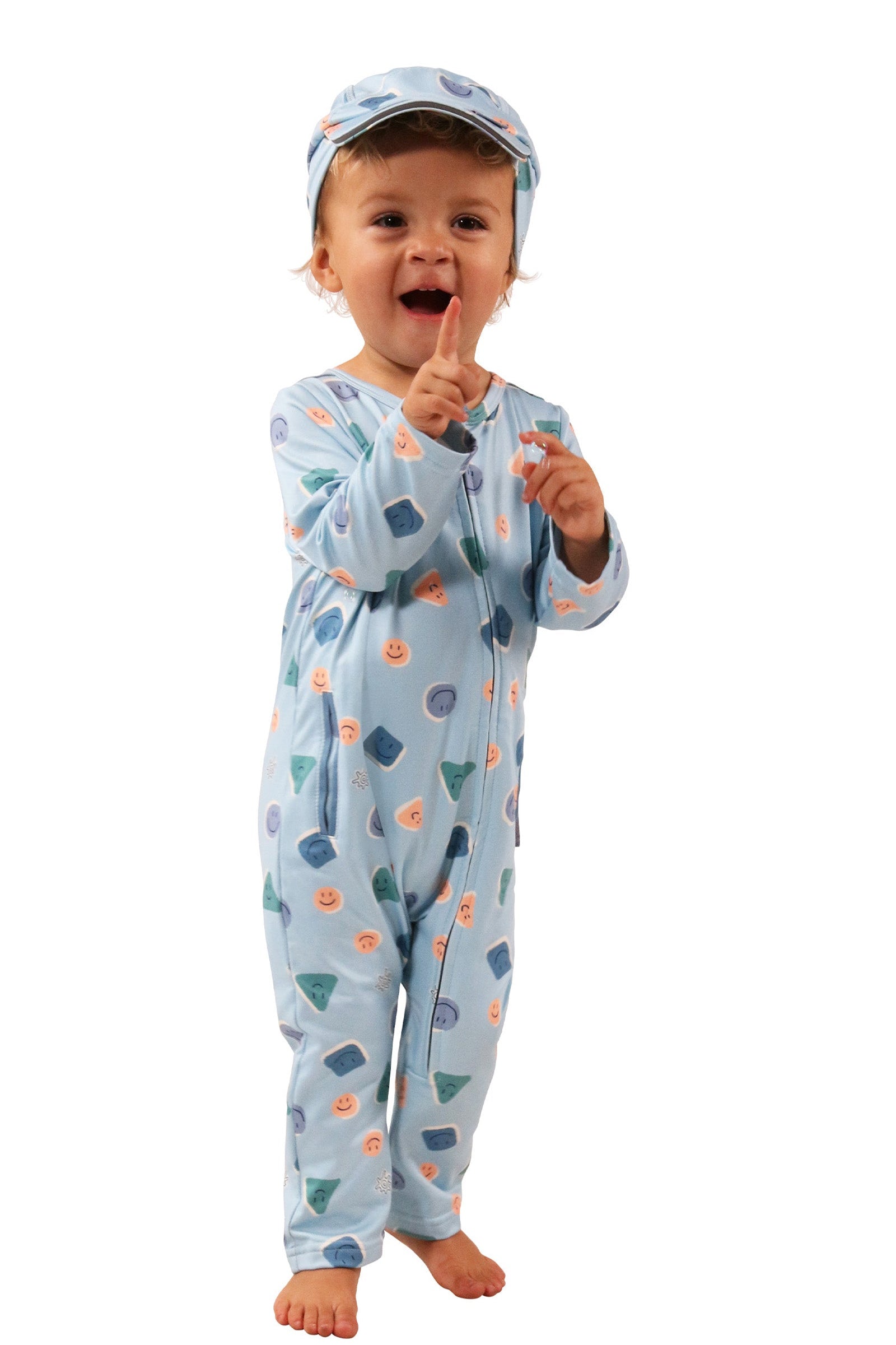 baby in active fleece romper in smiley pals|smiley-pals