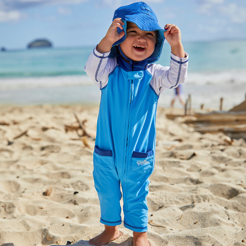 Baby boy in UV Skinz's baby boy's long-sleeve swimsuit in ocean blue white|ocean-blue-white