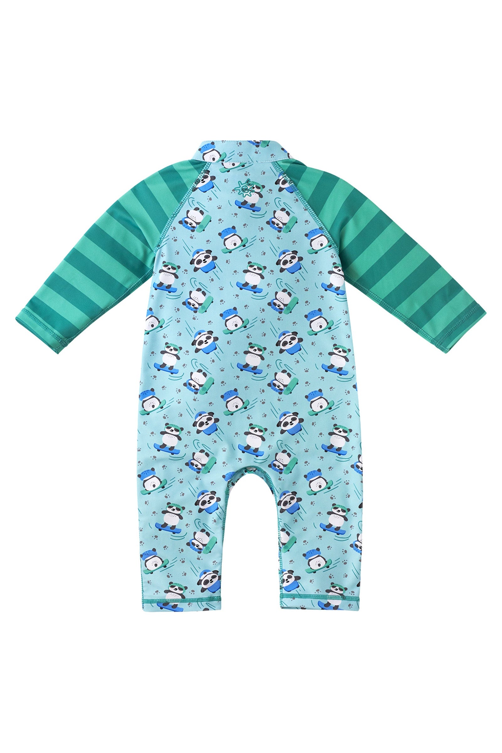back of the baby boy's one-piece swimsuit in playful panda|playful-panda