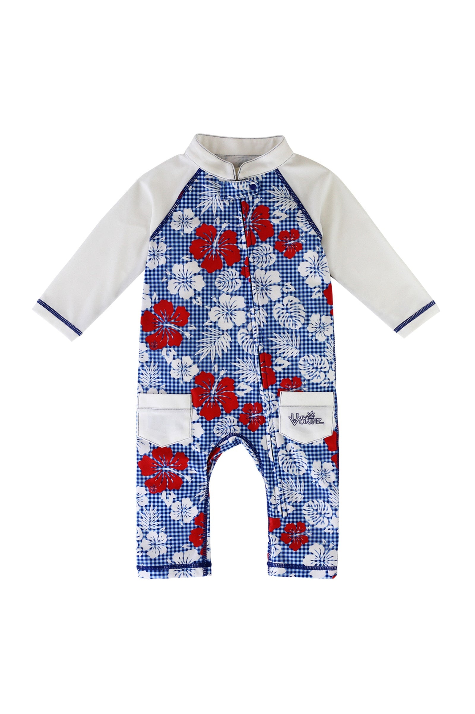baby boy's long-sleeve swimsuit in red americana gingham|red-americana-gingham