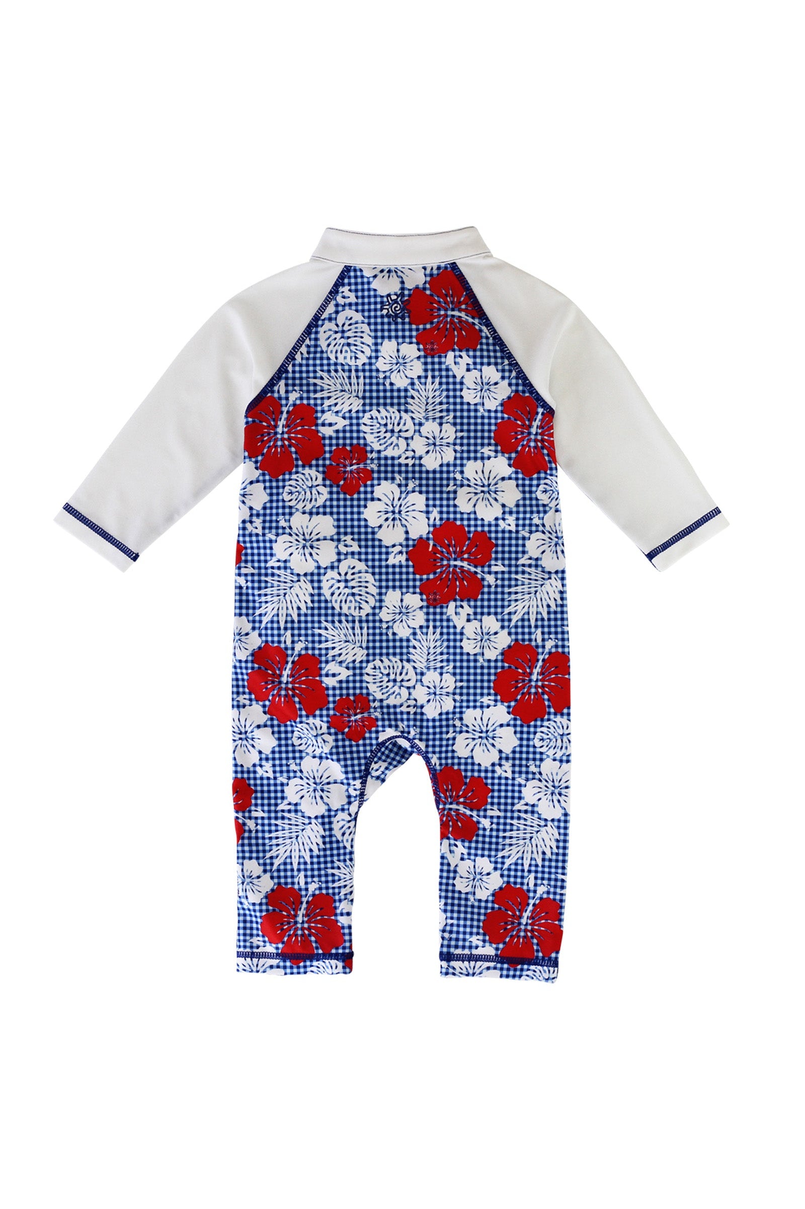 back of the baby boy's long-sleeve swimsuit in red americana gingham|red-americana-gingham
