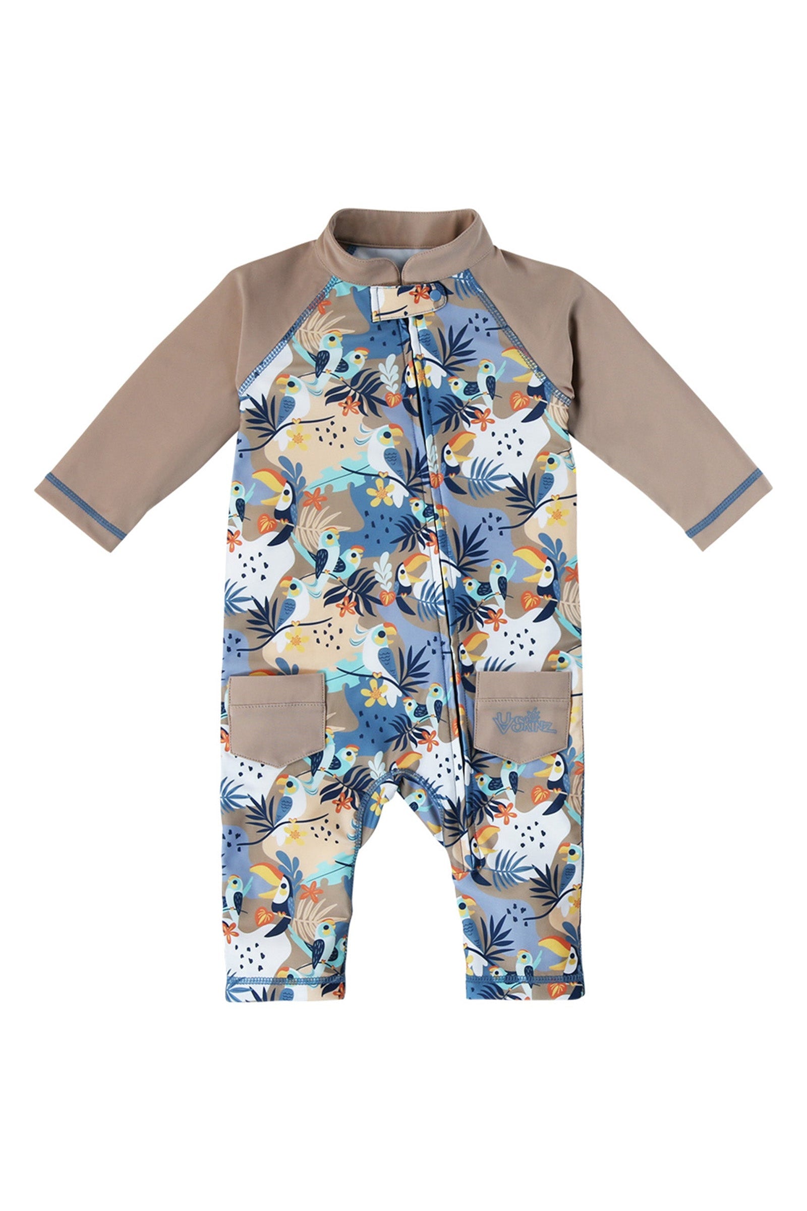 Baby Boy's Sun & Swim Suit in blue and tan|toucan-tropics