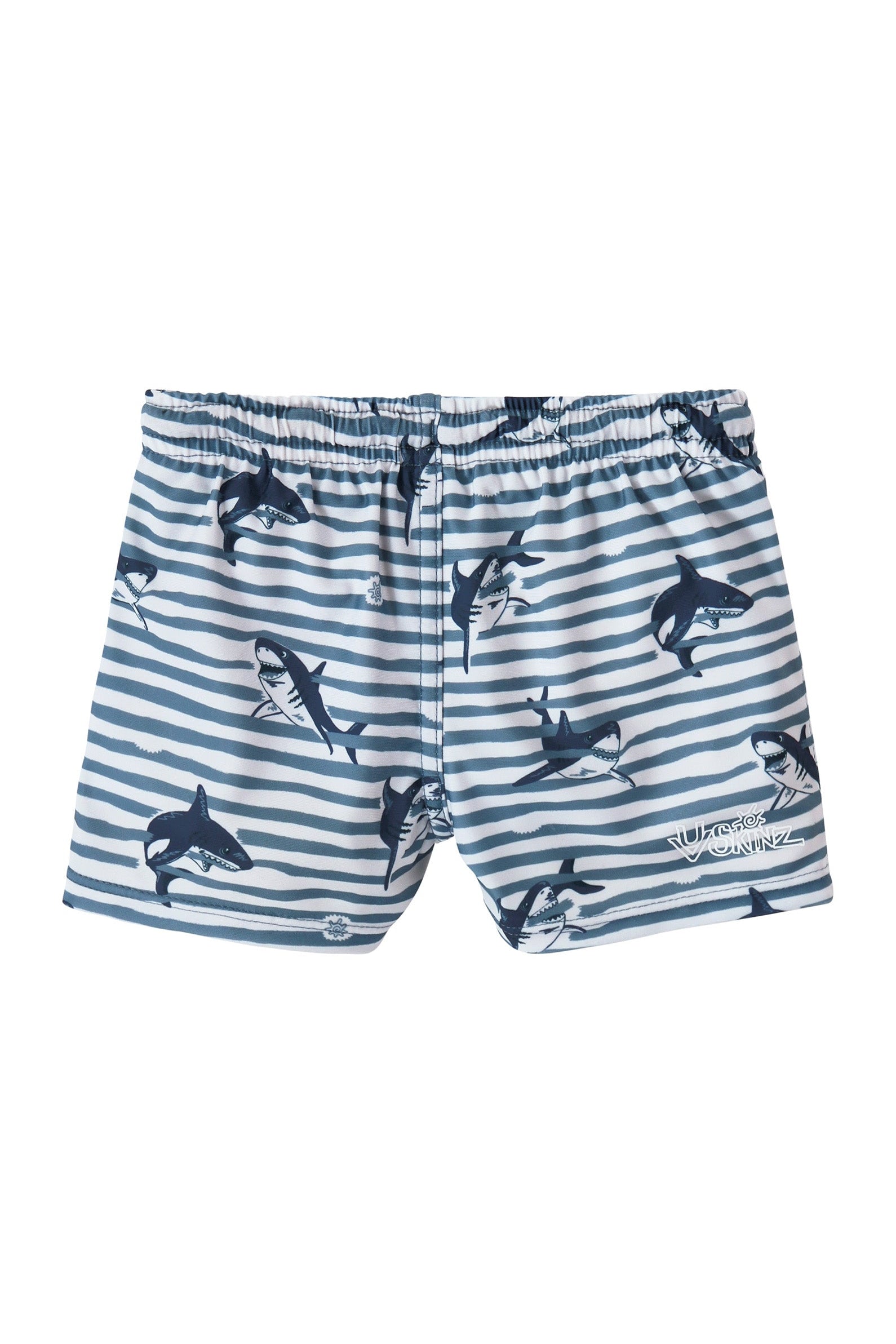 back view of baby boys swim shorties in shark stripe|shark-stripe