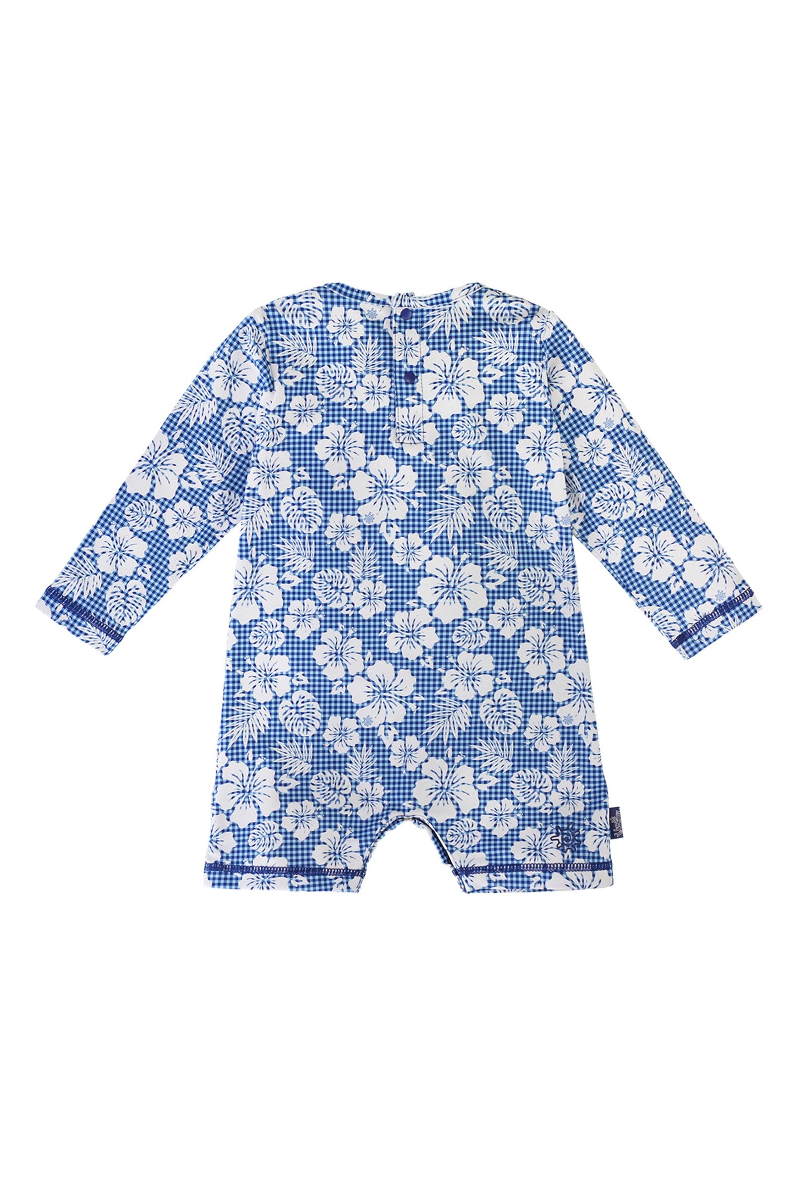 back of the baby boy's UV onesie in blue hibiscus gingham|blue-hibiscus-gingham