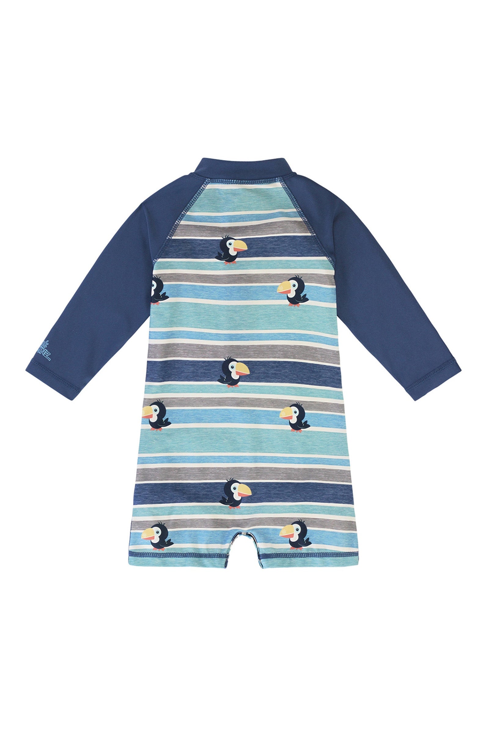 back of the baby boy's long sleeve swimsuit in birdie stripe|birdie-stripe