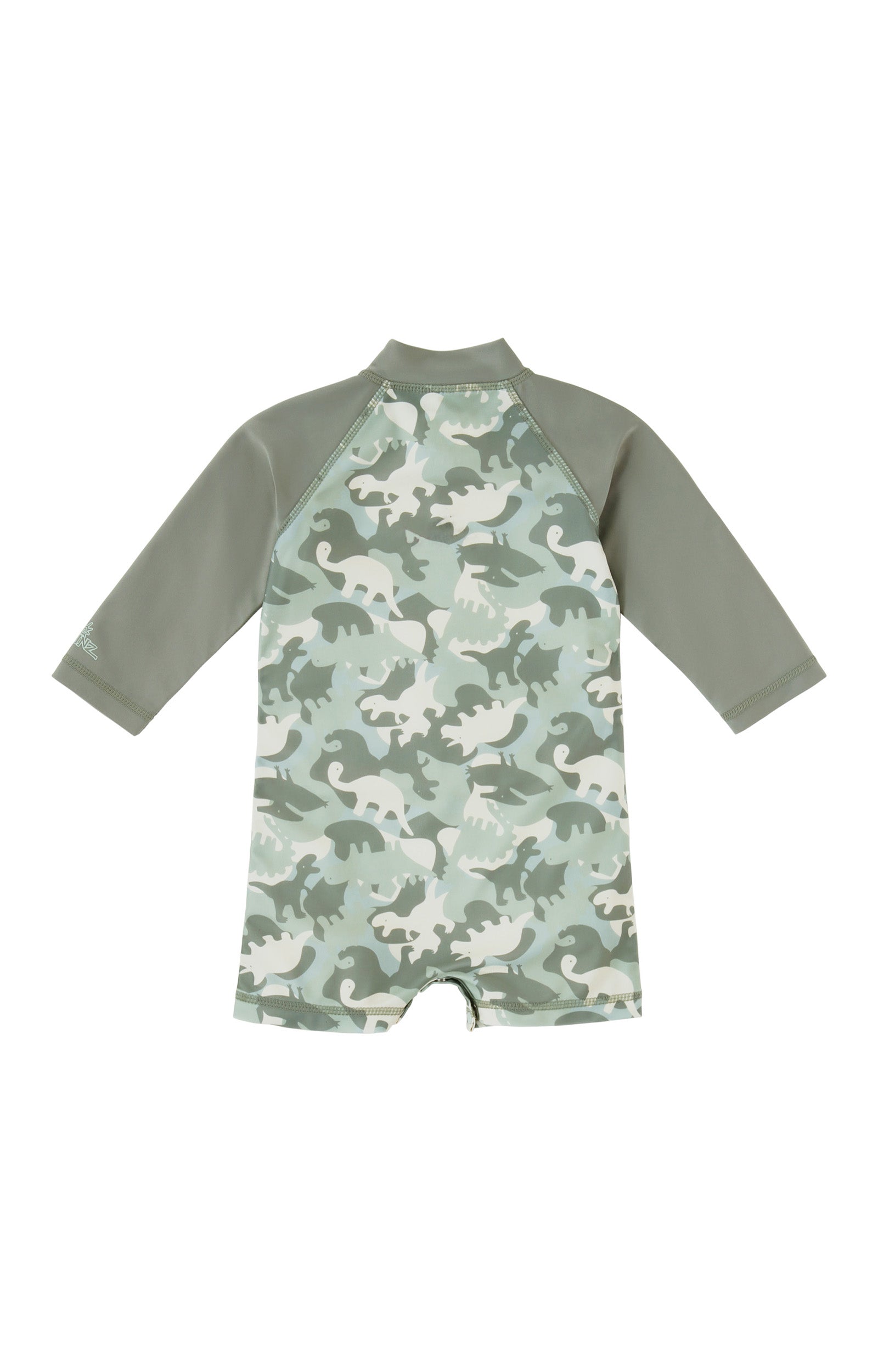 back view of baby boys long sleeve swim romper in camo dino|camo-dinos
