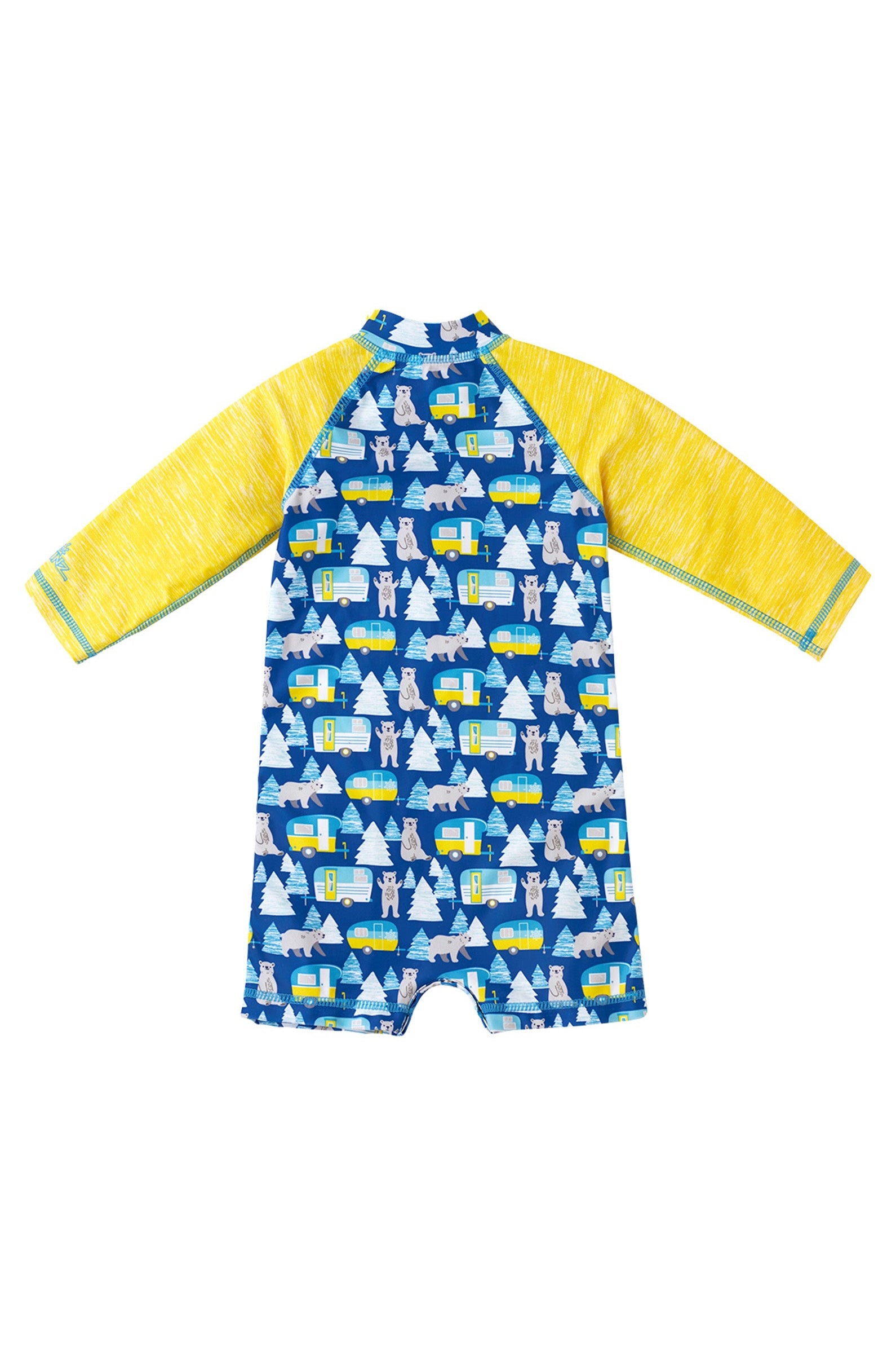 back of the UV Skinz's baby boy's long-sleeeve swimsuit in camper bear|camper-bear