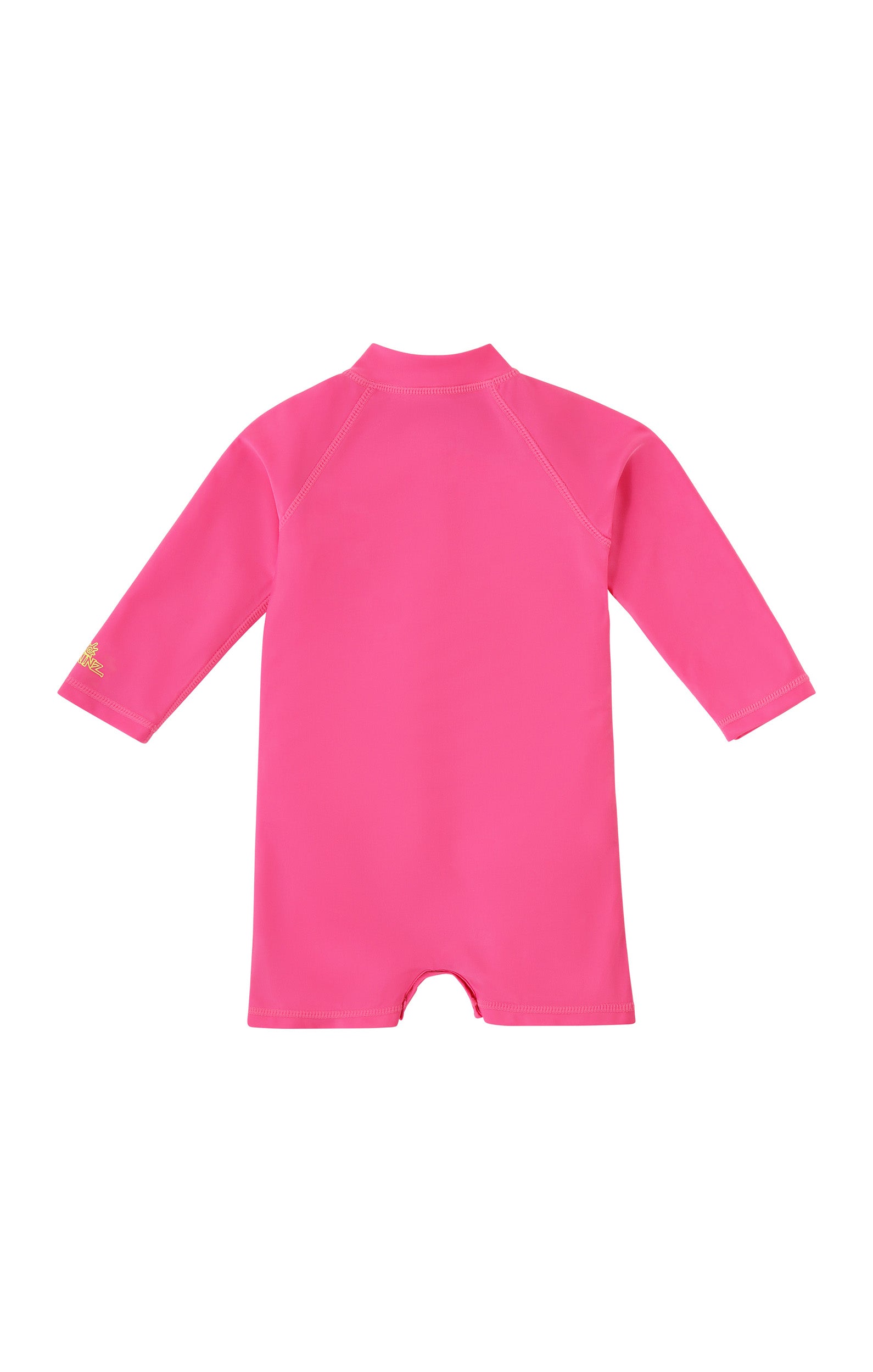 back view of baby neon magic print long sleeve swim romper in neon checkers|neon-checkers