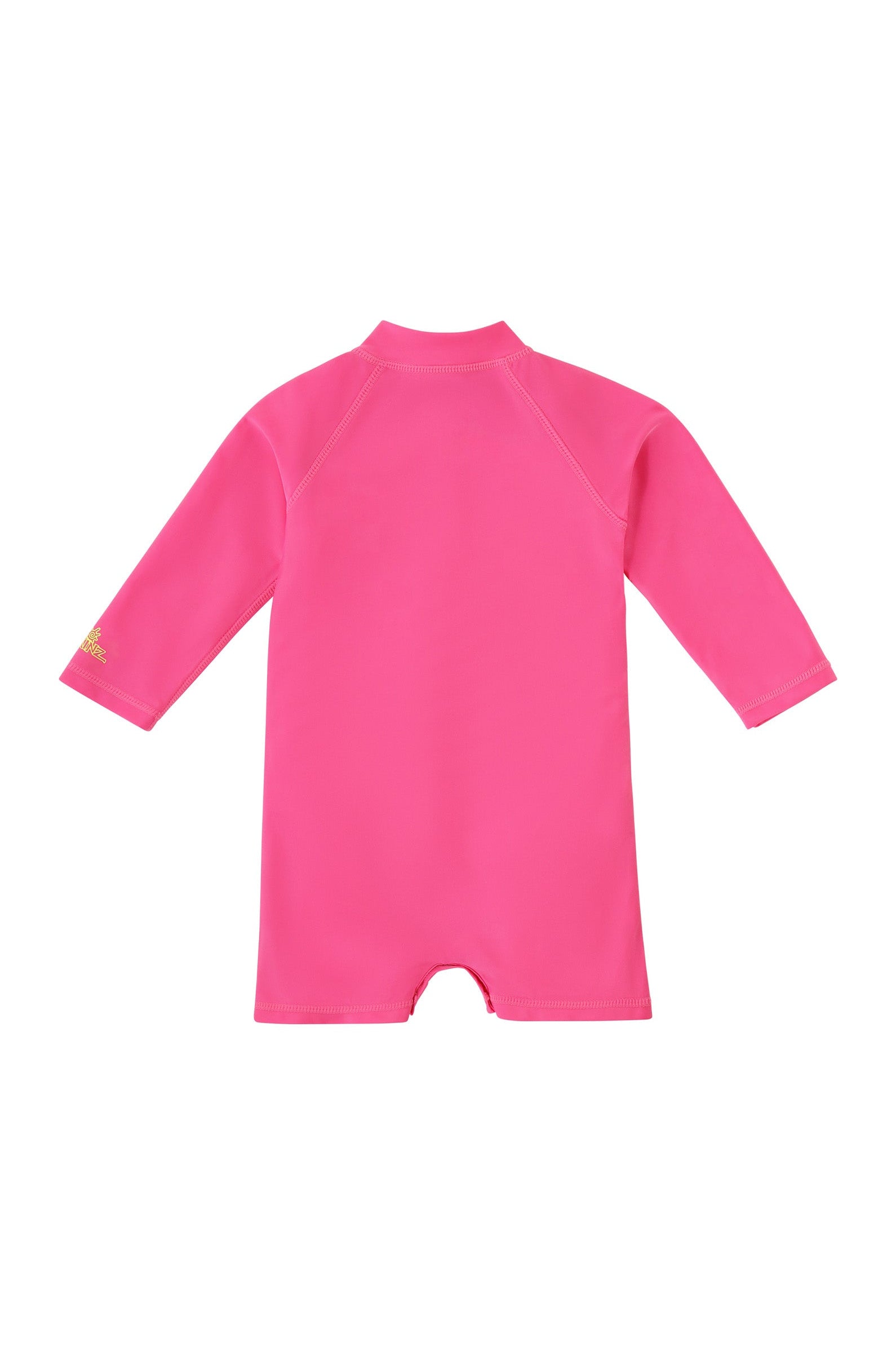 back view of baby neon magic print long sleeve swim romper in neon checkers|neon-checkers