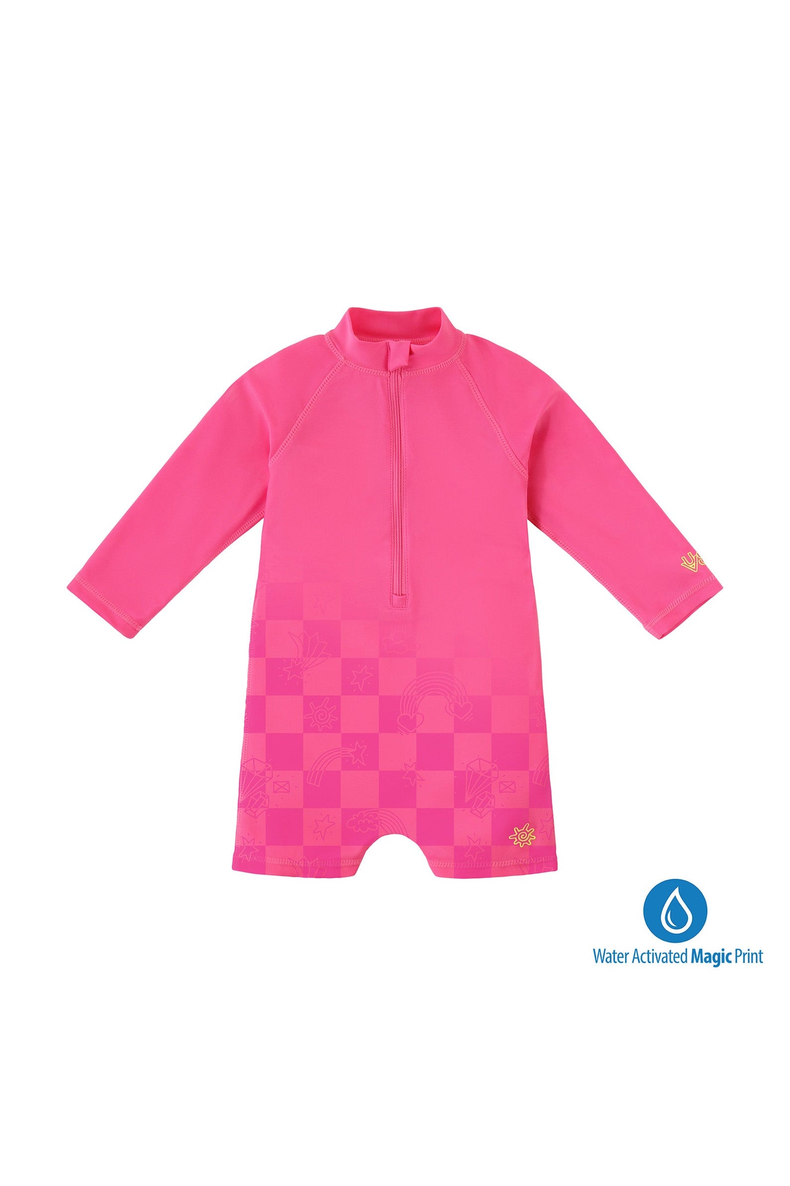 baby neon magic print long sleeve swim romper in neon checkers|neon-checkers