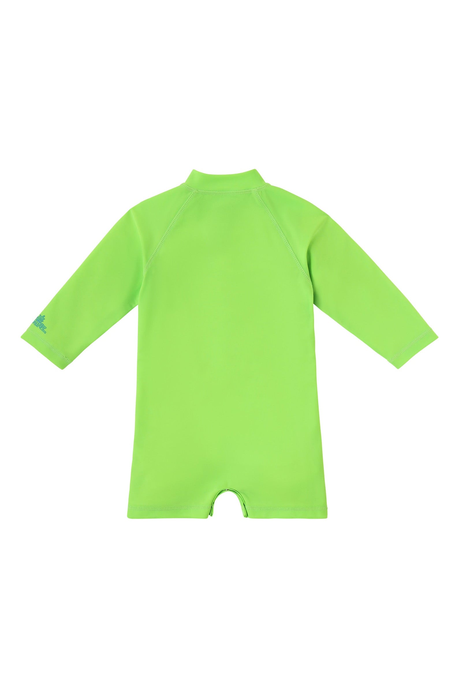 back view of baby neon magic print long sleeve swim romper in neon pups|neon-pups