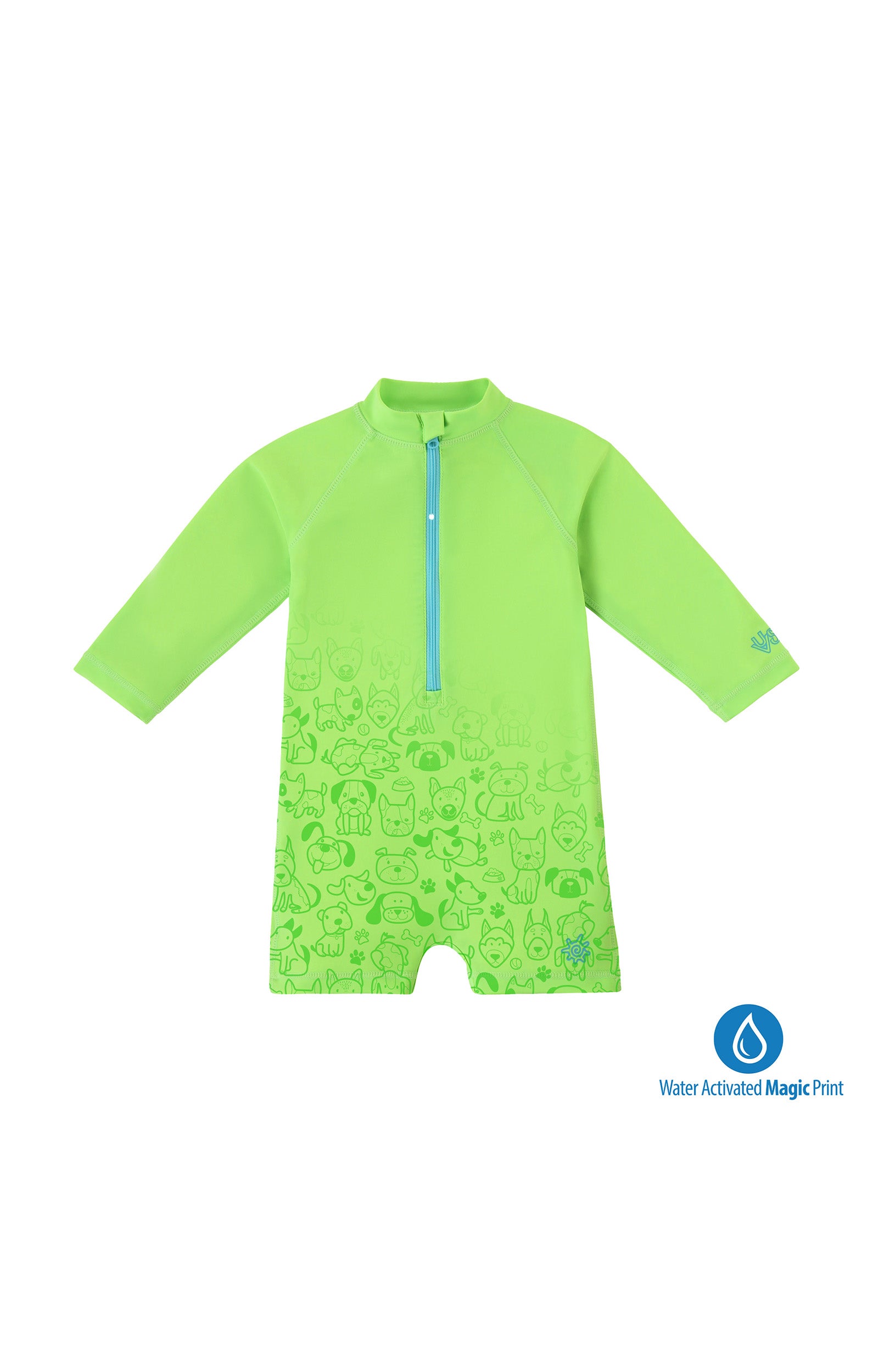 baby neon magic print long sleeve swim romper in neon pups|neon-pups