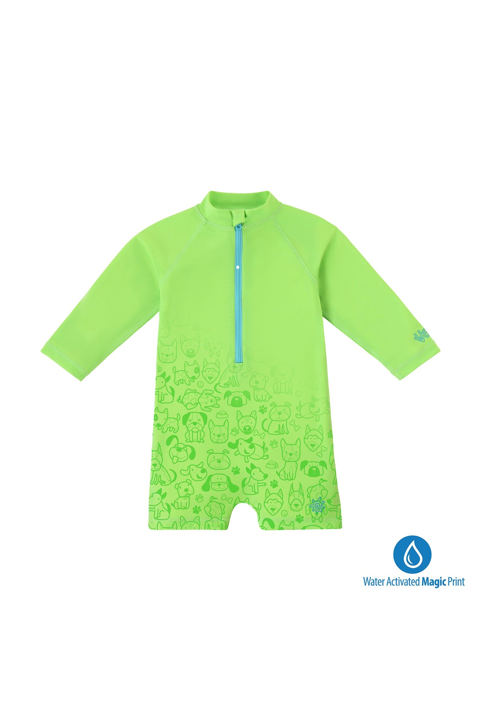 baby neon magic print long sleeve swim romper in neon pups|neon-pups
