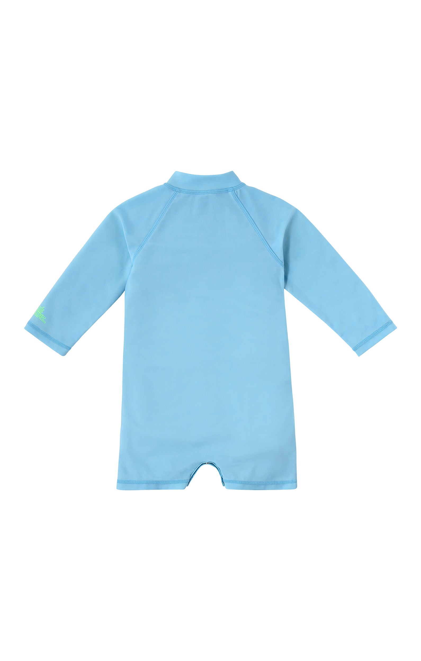 back view of baby neon magic print long sleeve swim romper in neon sea life|neon-sea-life