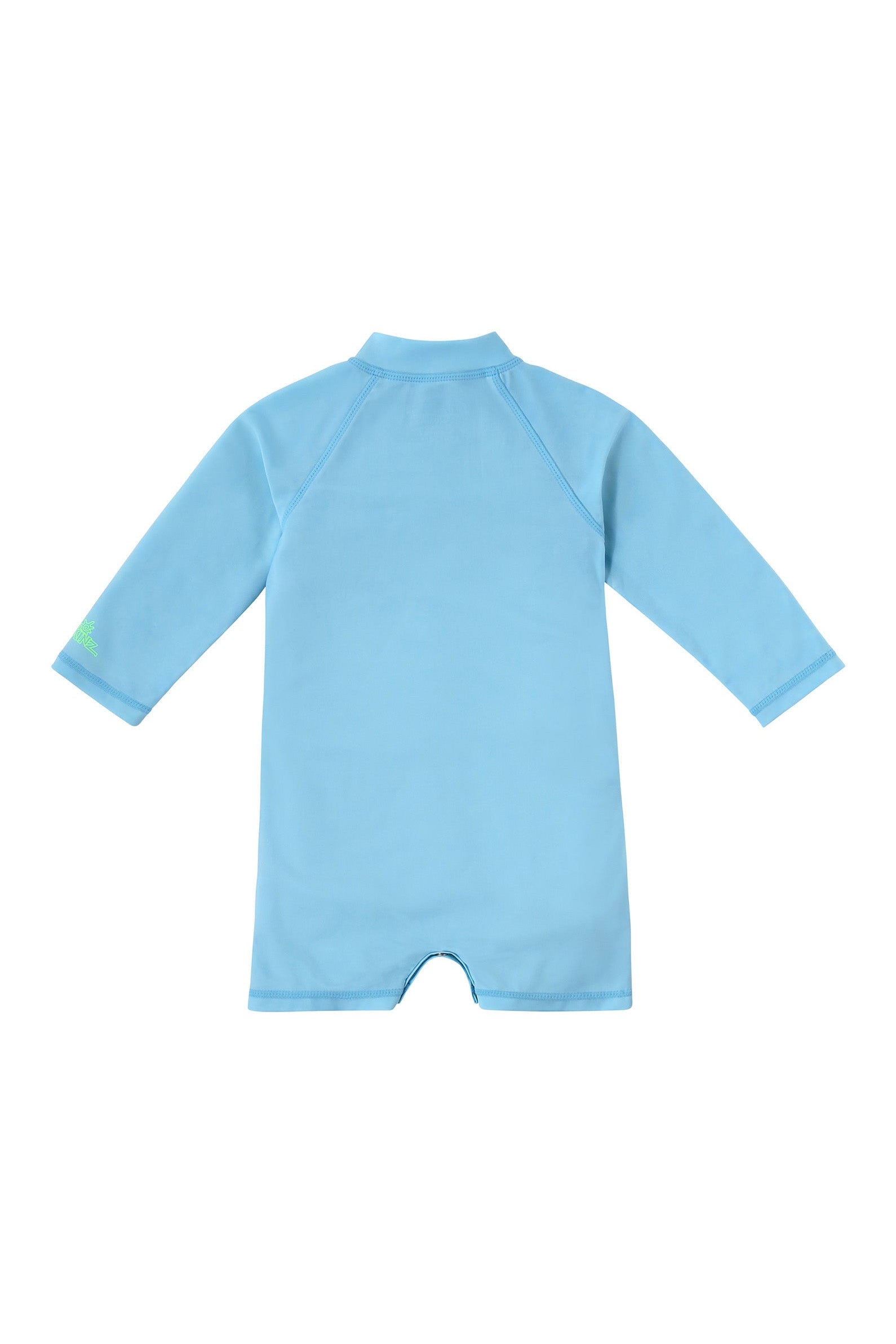 back view of baby neon magic print long sleeve swim romper in neon sea life|neon-sea-life
