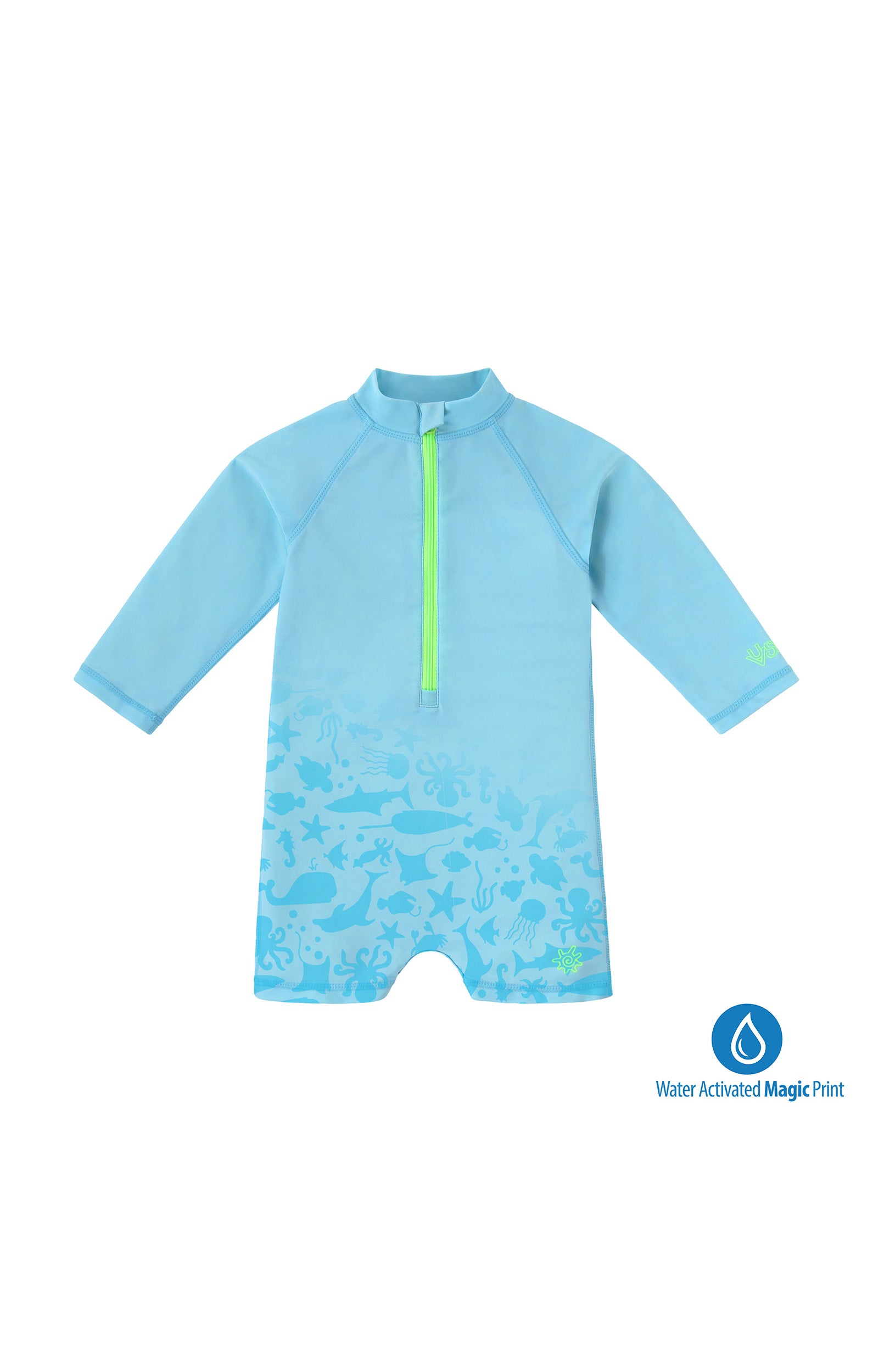 baby neon magic print long sleeve swim romper in neon sea life|neon-sea-life
