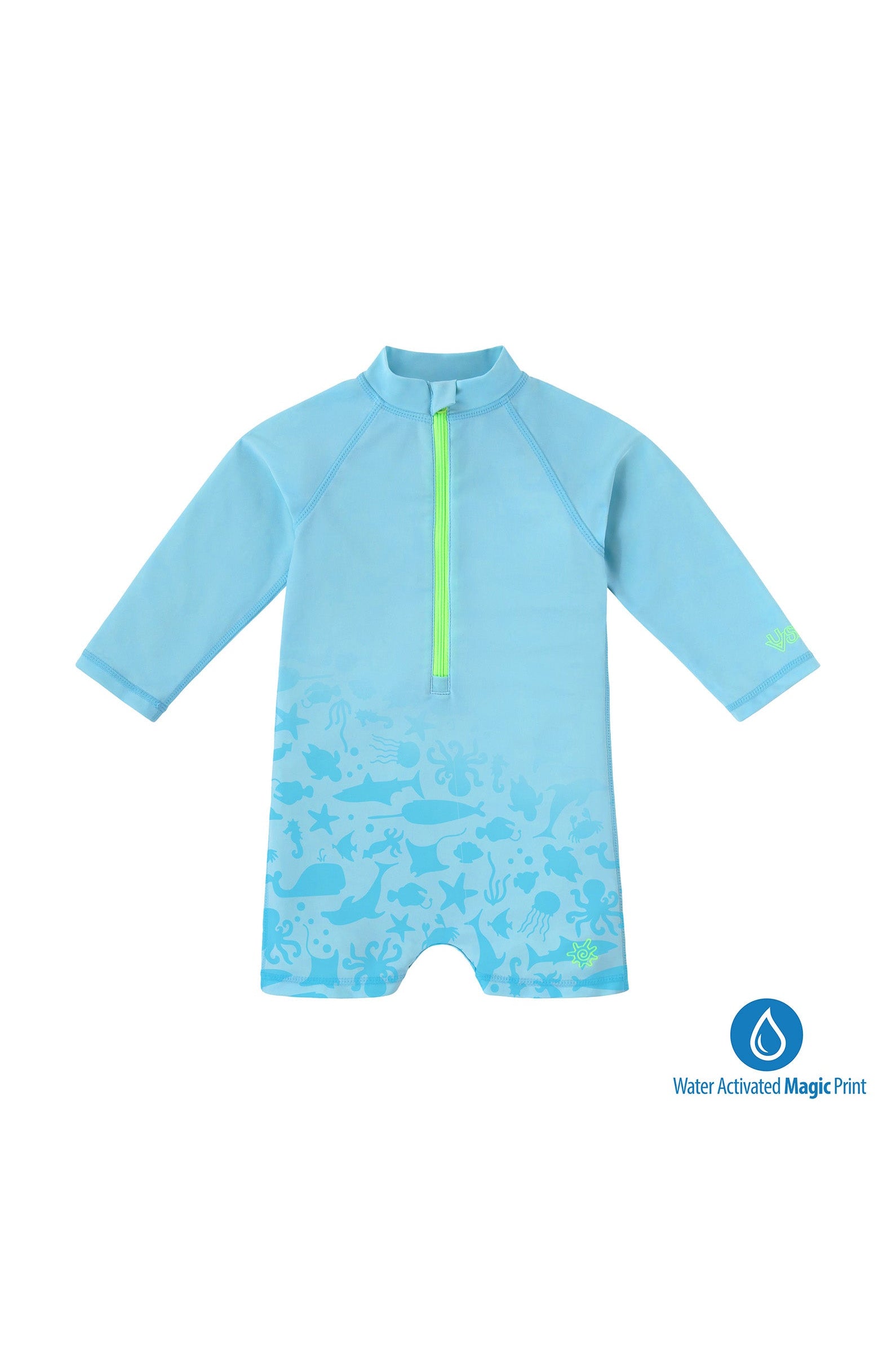 baby neon magic print long sleeve swim romper in neon sea life|neon-sea-life