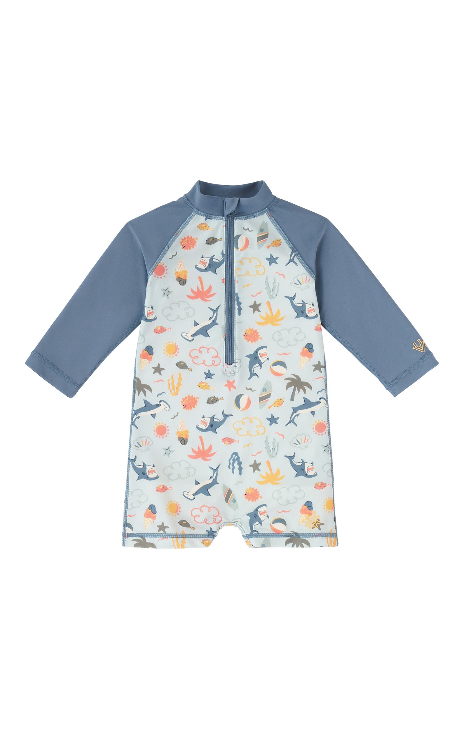 baby boys long sleeve swim romper in sharks cove|sharks-cove