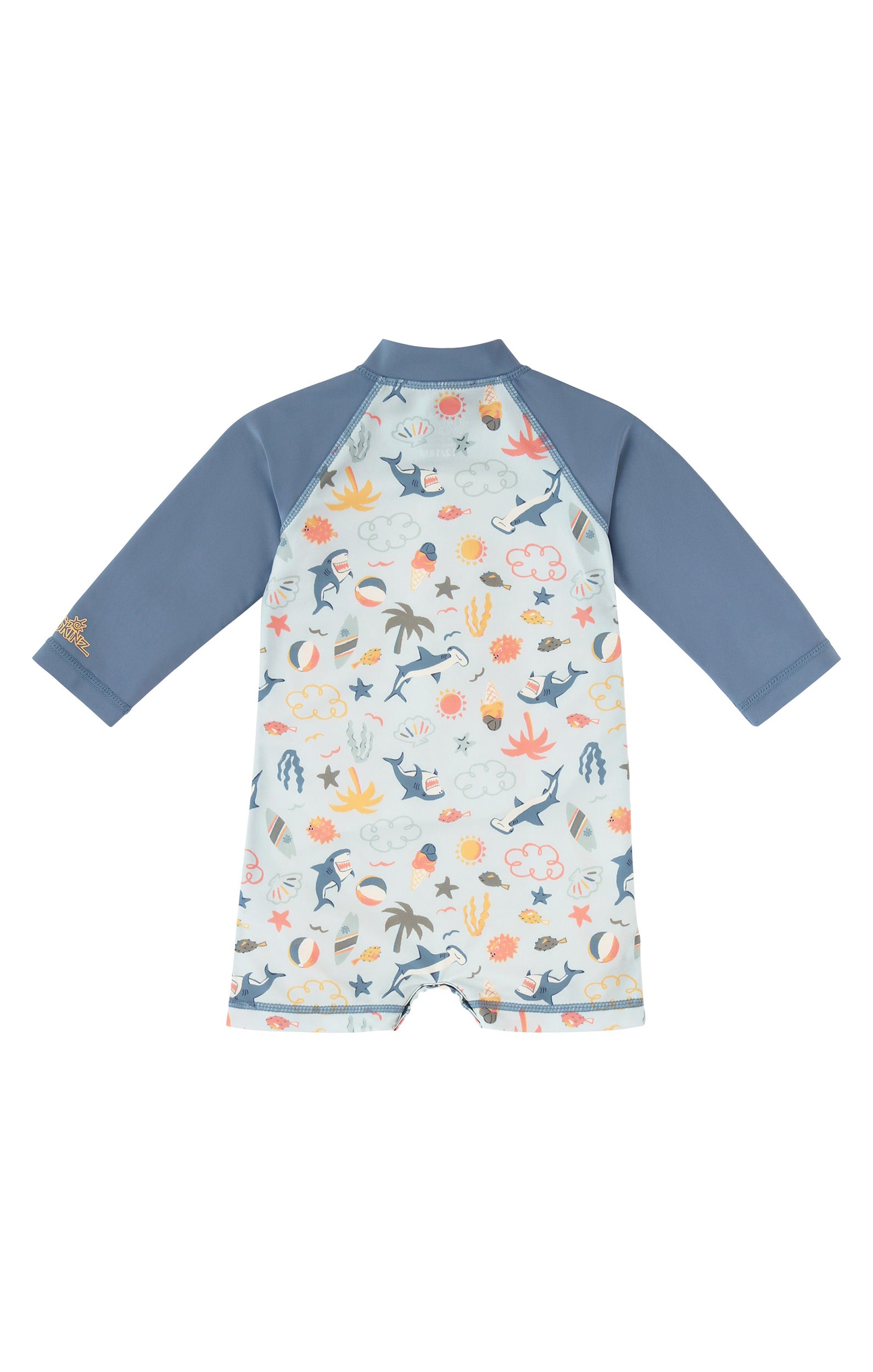 back view of baby boys long sleeve swim romper in sharks cove|sharks-cove