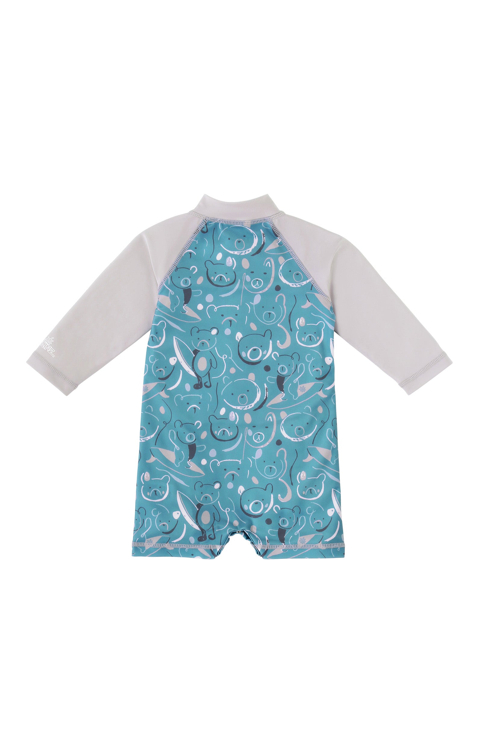 back view of baby boys long sleeve swim romper in surfing bears|surfing-bears