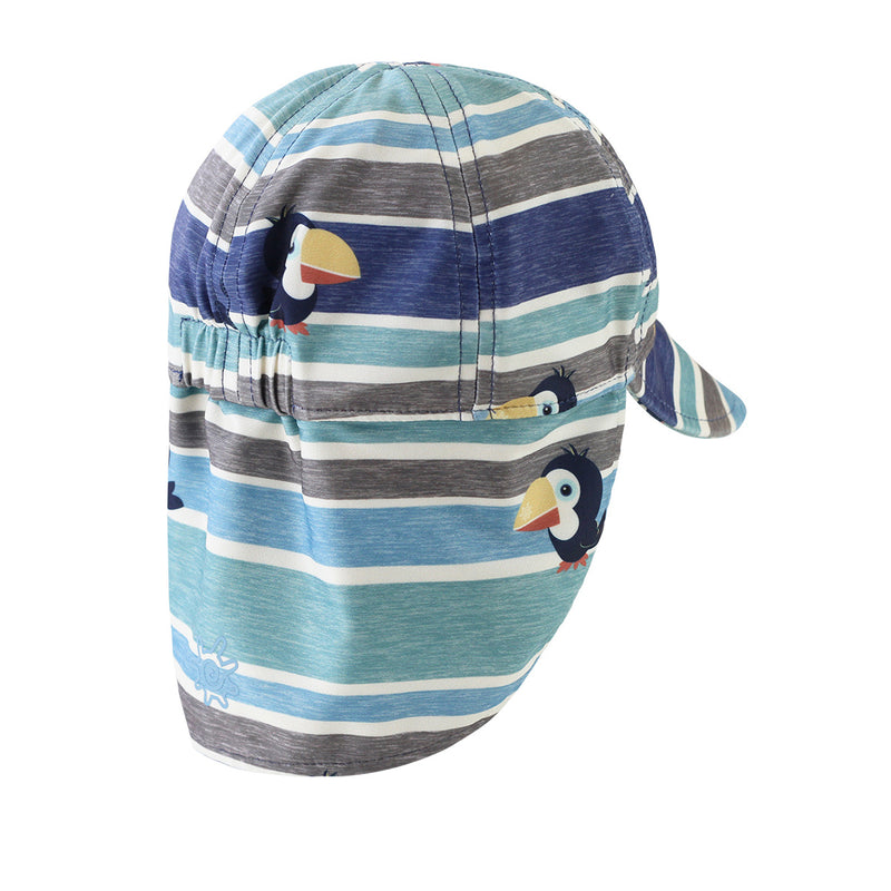 back of the baby boy's swim flap hat with UPF 50+ in birdie stripe|birdie-stripe