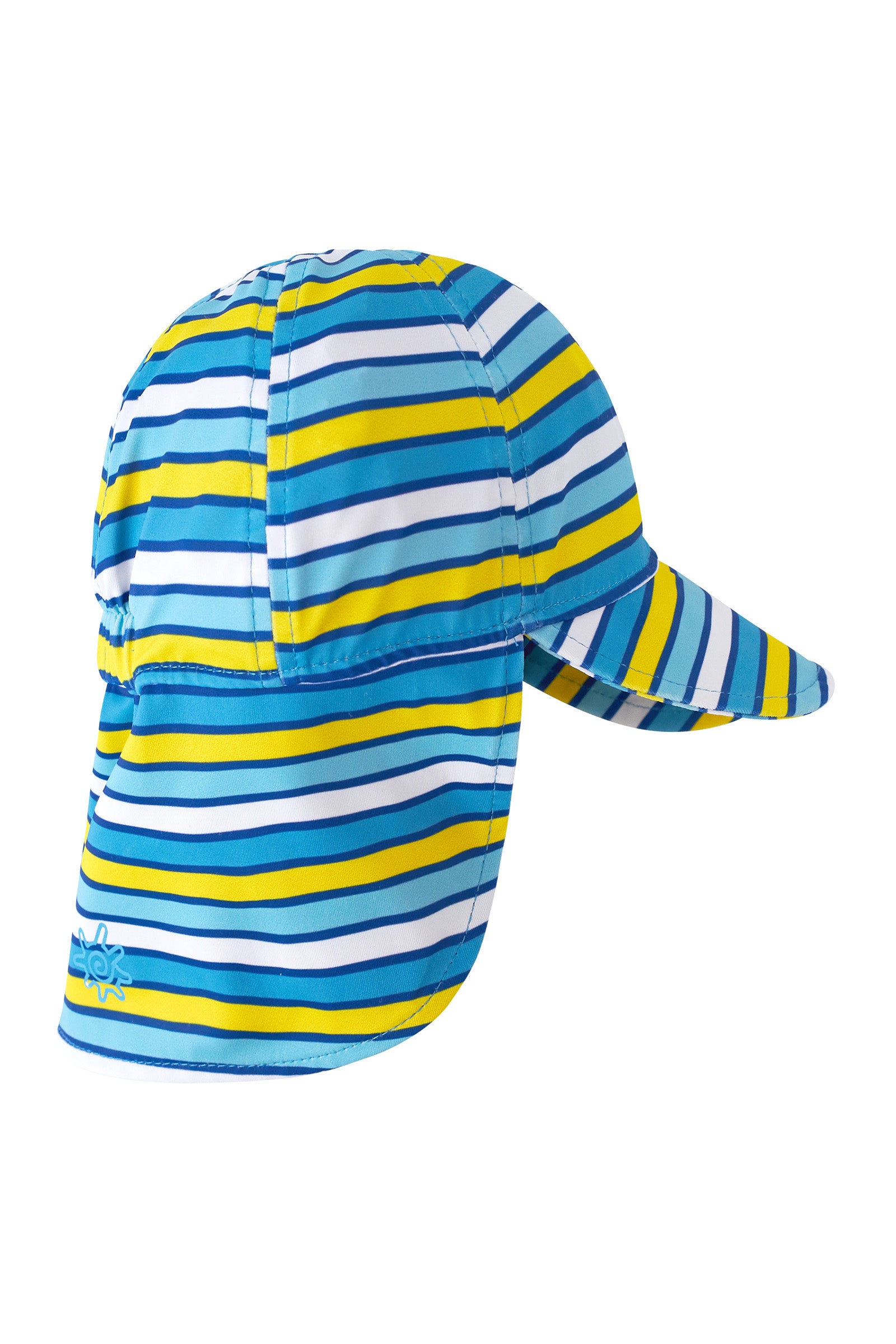 back of the baby boy's swim flap hat in camper bear stripe