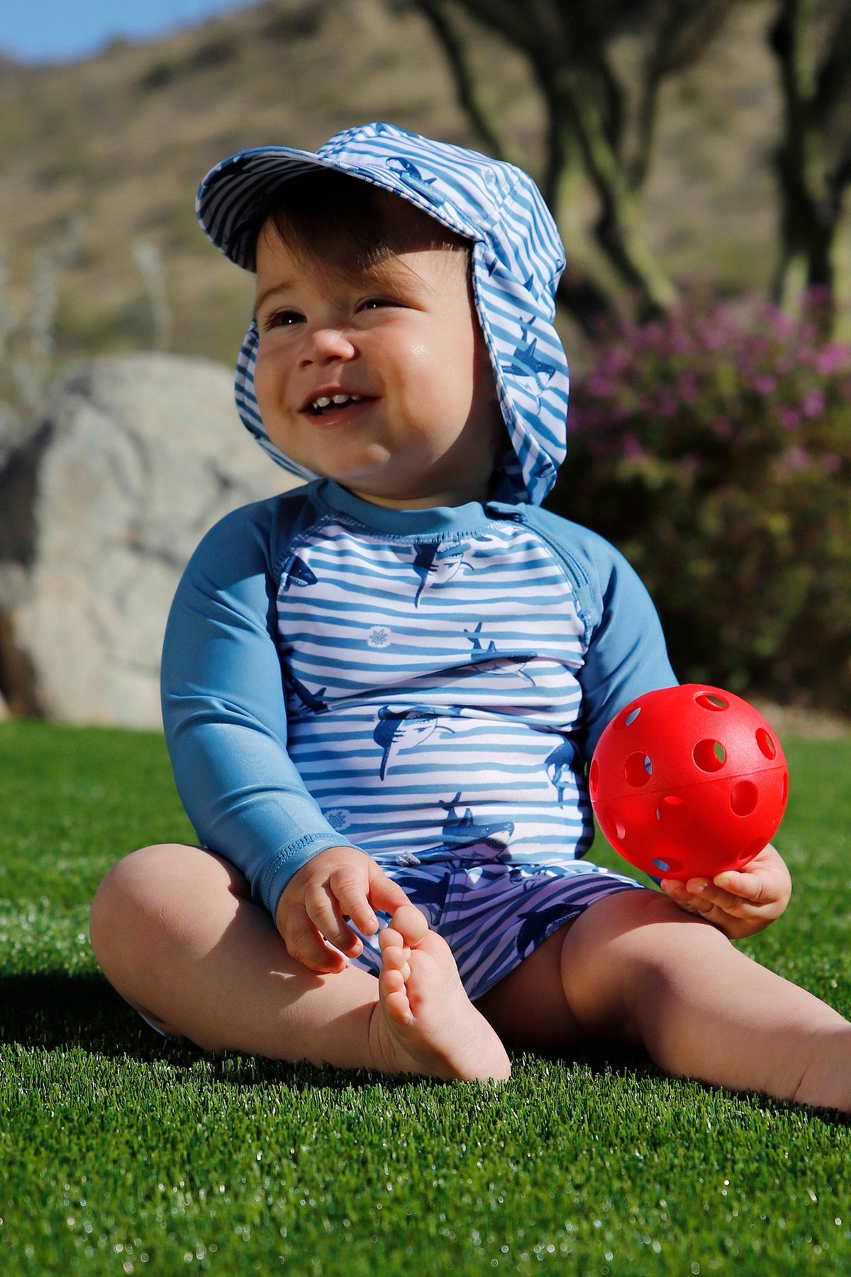 baby in swim flap hat|shark-stripe
