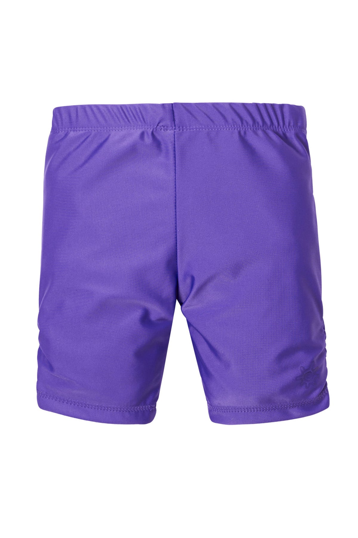 Back of UV Skinz's girl's swim shorts in purple|purple