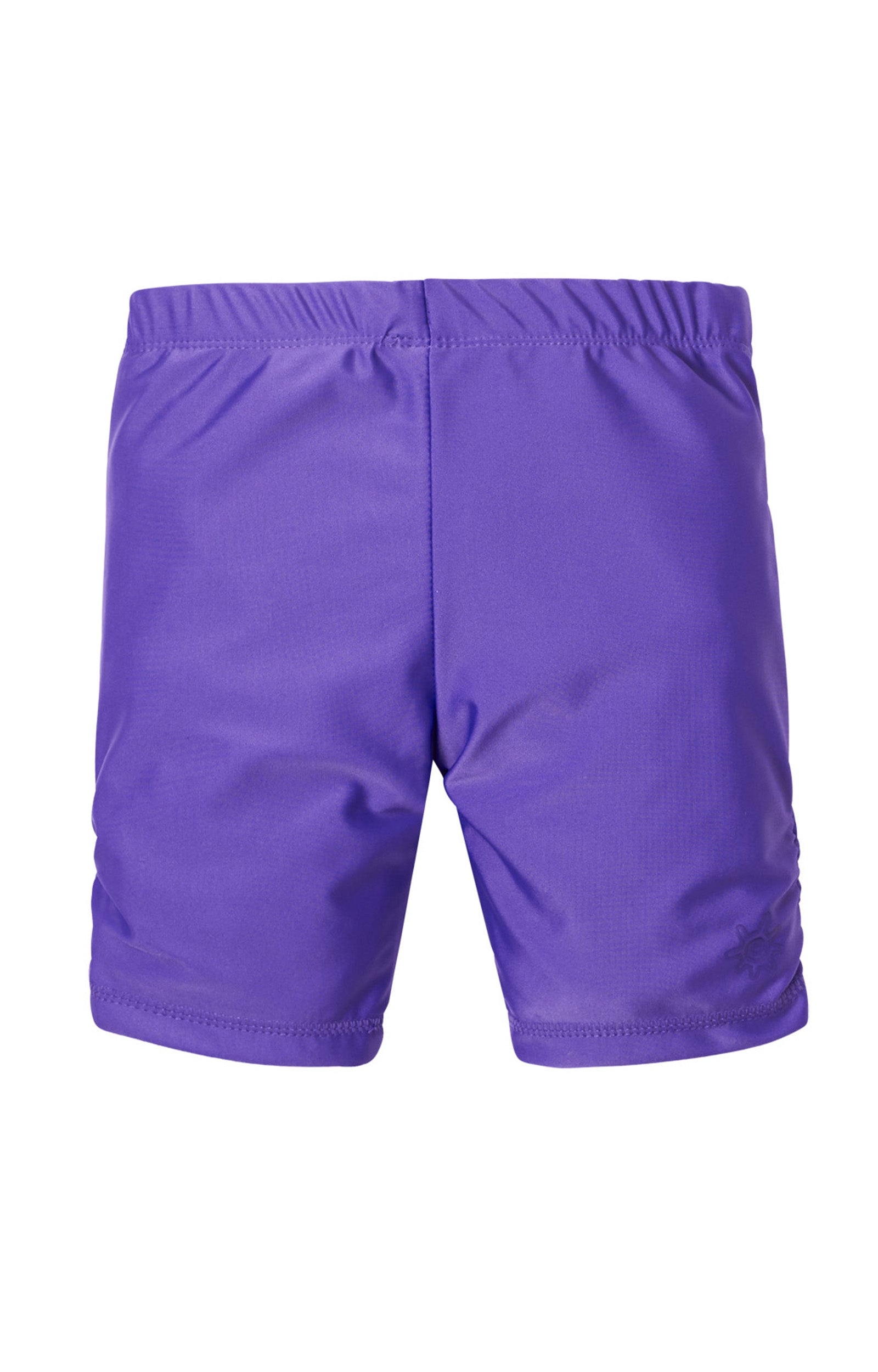Back of UV Skinz's girl's swim shorts in purple|purple