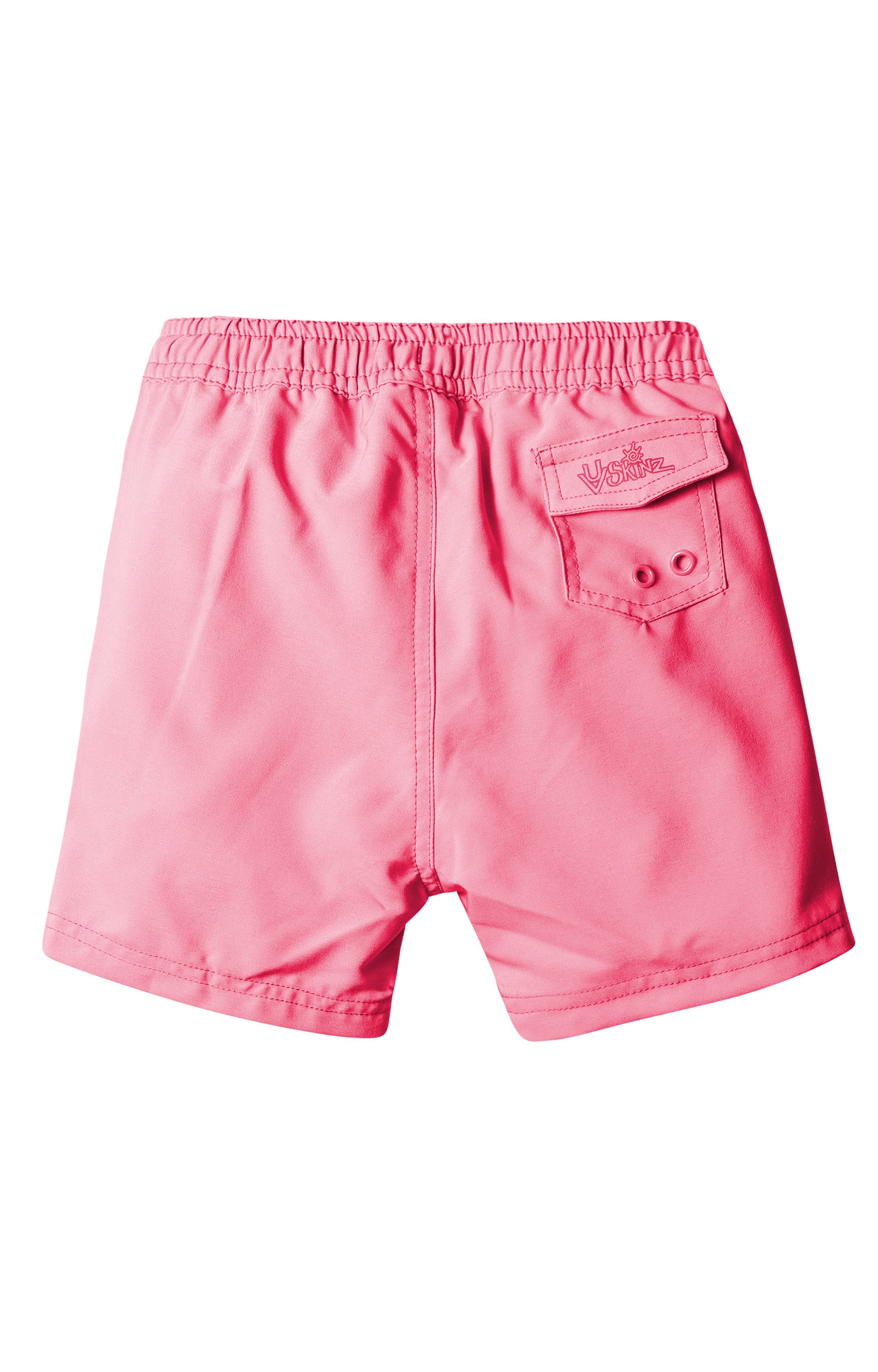 back view of the girl's board shorts in bubblegum|bubblegum