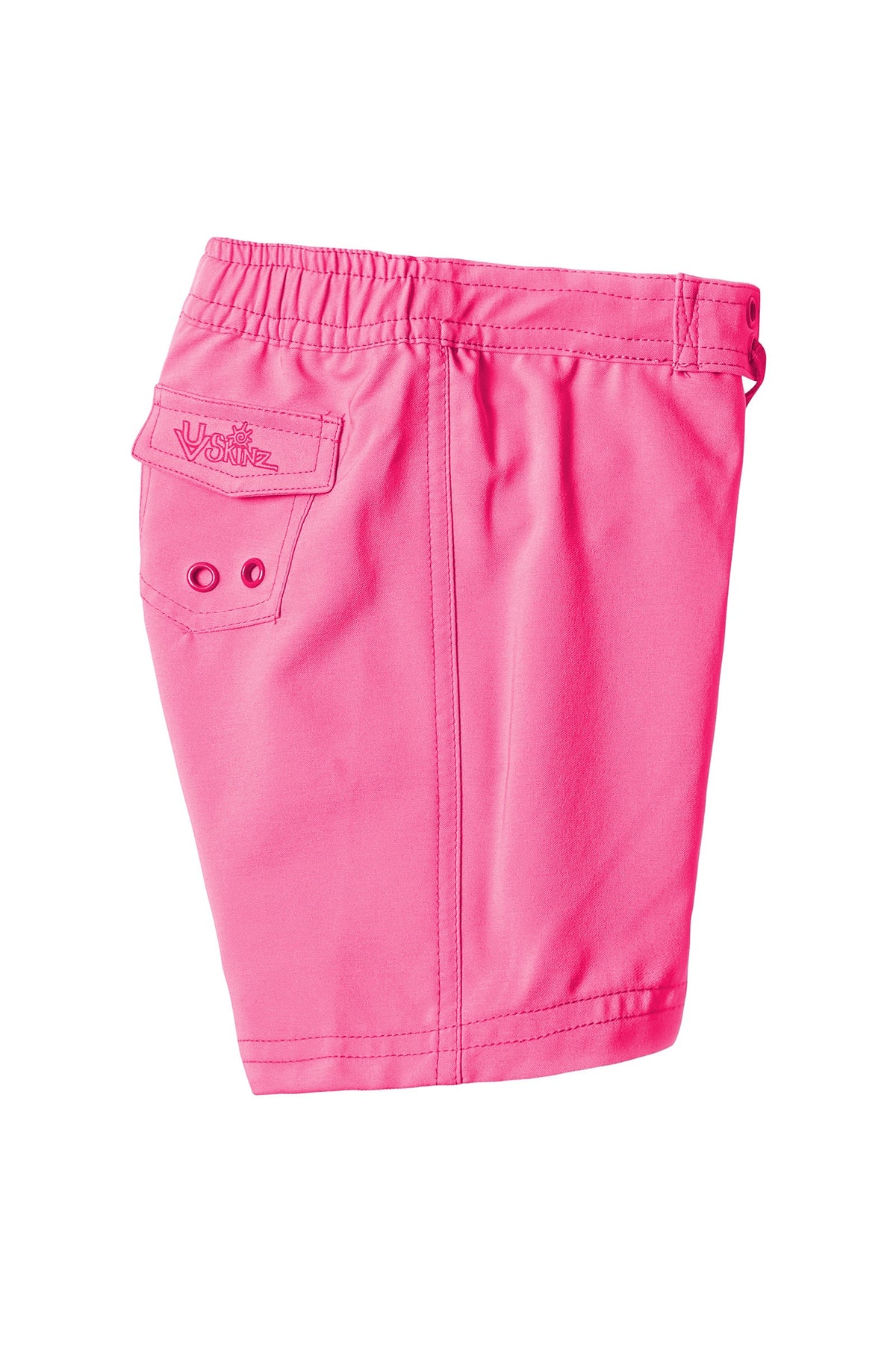 side view of the girl's board shorts in hot pink|hot-pink