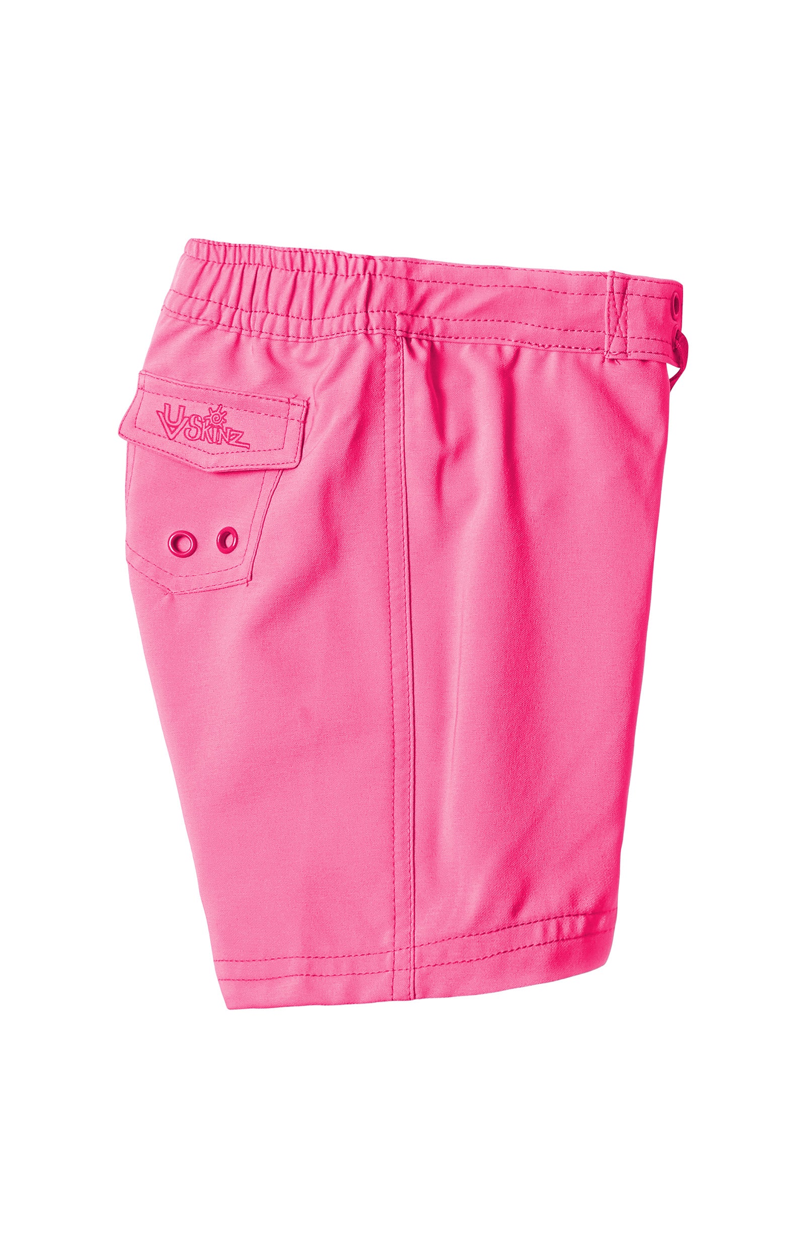 side view of the girl's board shorts in hot pink|hot-pink