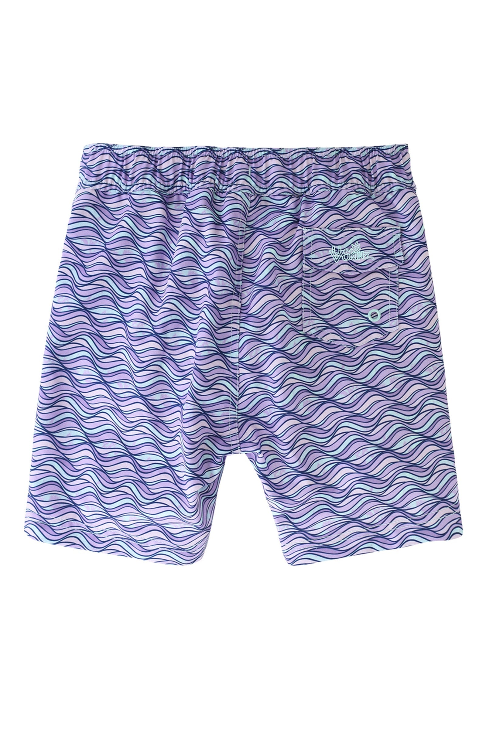 back view of the girl's board shorts in lilac waves|lilac-waves