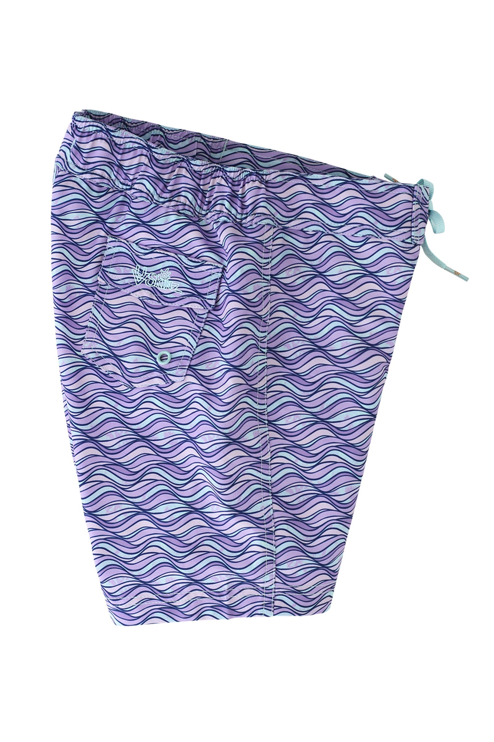 side view of the girl's board shorts in lilac waves|lilac-waves