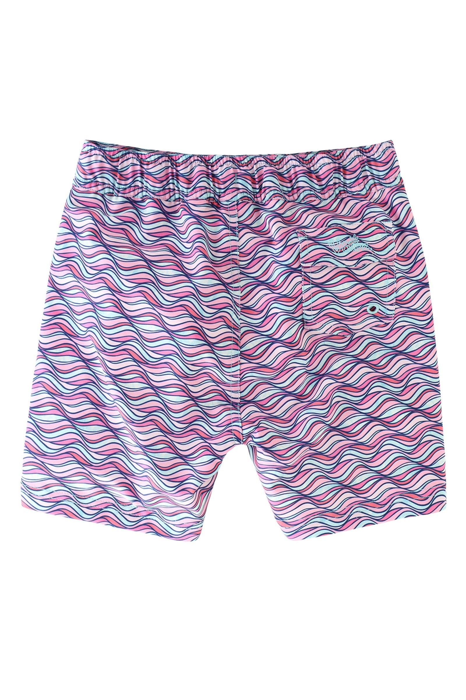 back view of the girl's board shorts in light pink waves|light-pink-waves