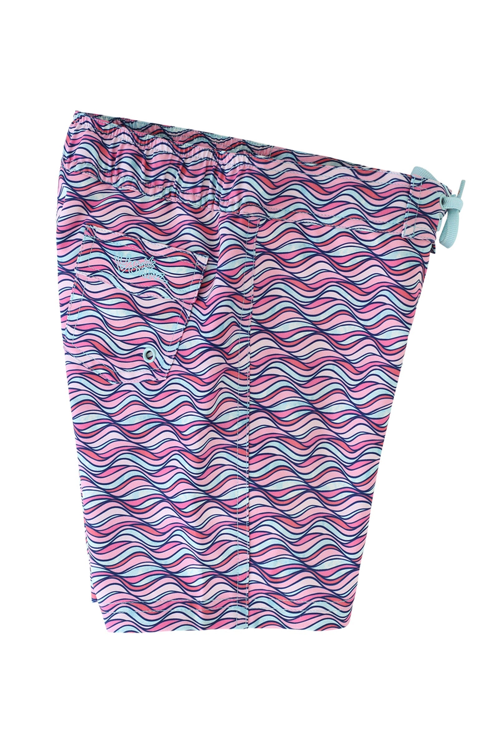 side view of the girl's board shorts in light pink waves|light-pink-waves