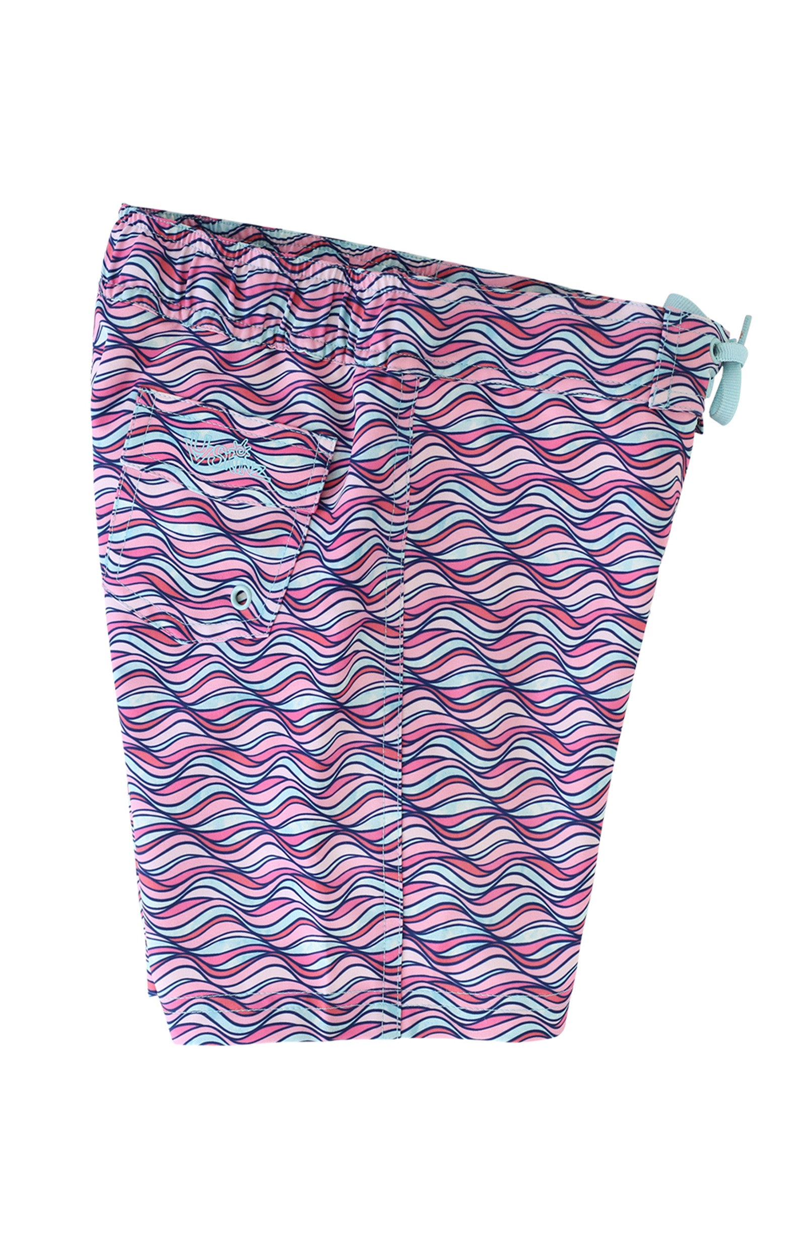 side view of the girl's board shorts in light pink waves|light-pink-waves