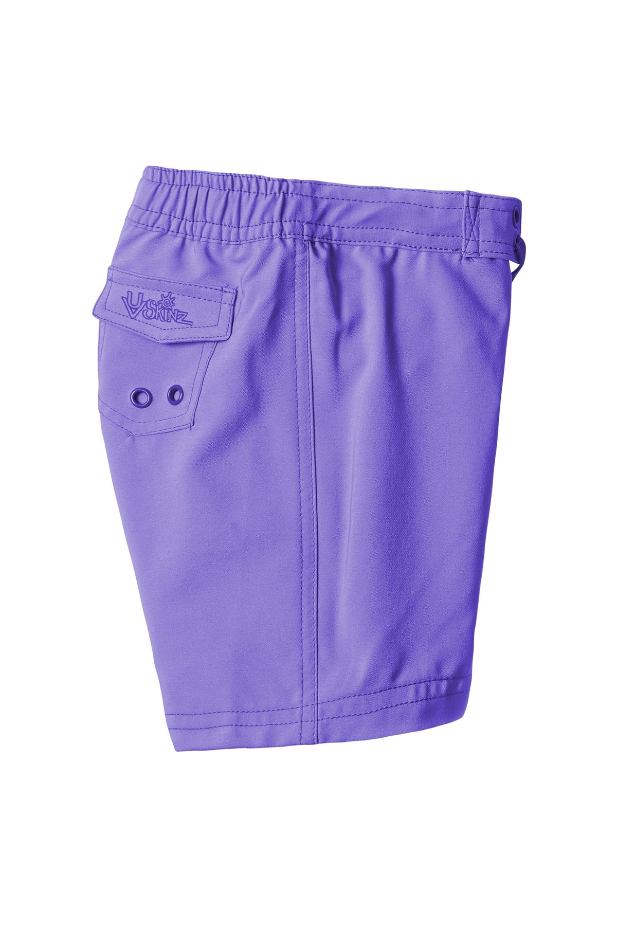 side view of the girl's board shorts in purple|purple