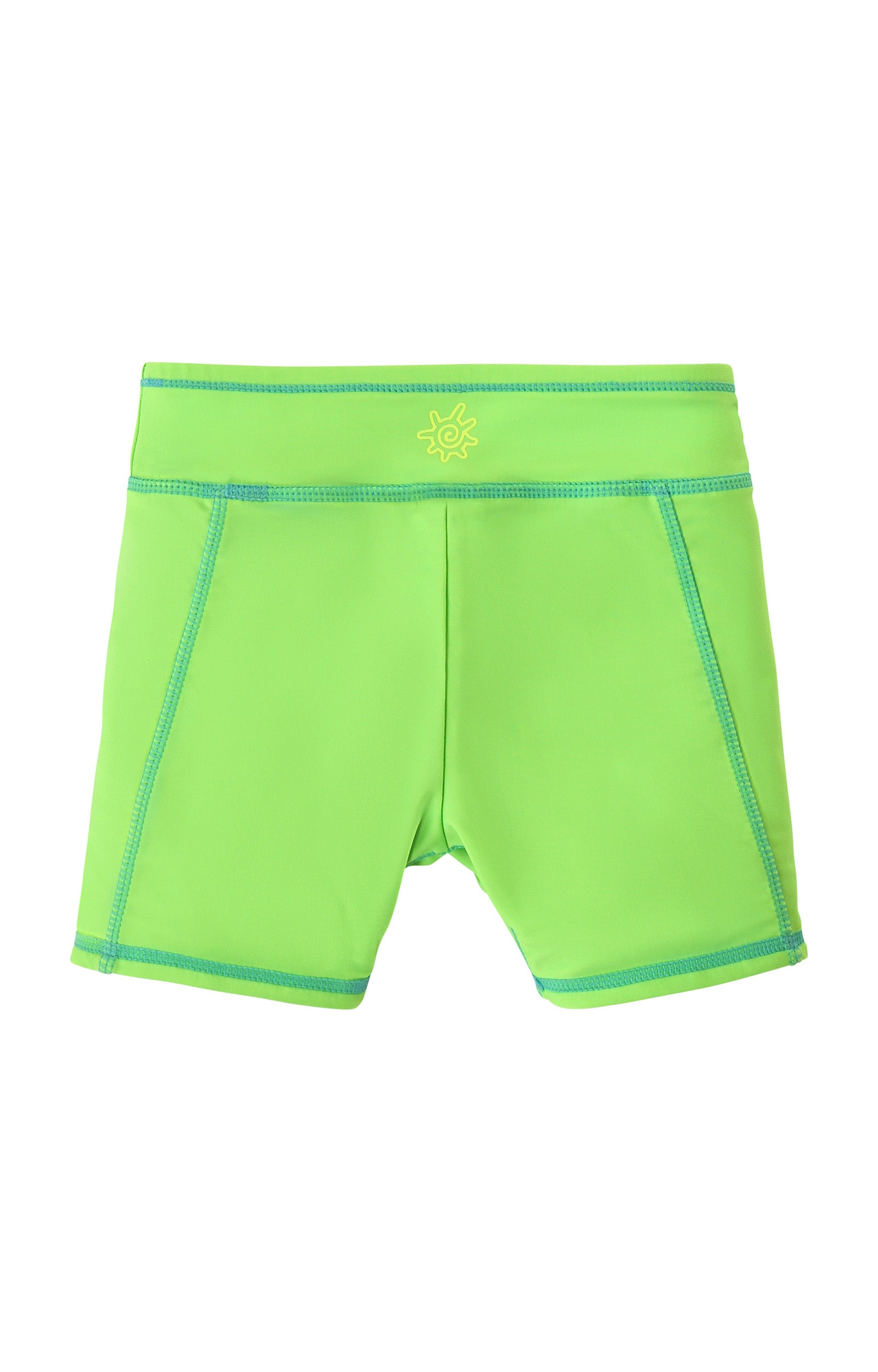 back view of girls neon reversible active swim shorts in neon green|neon-sky-neon-green