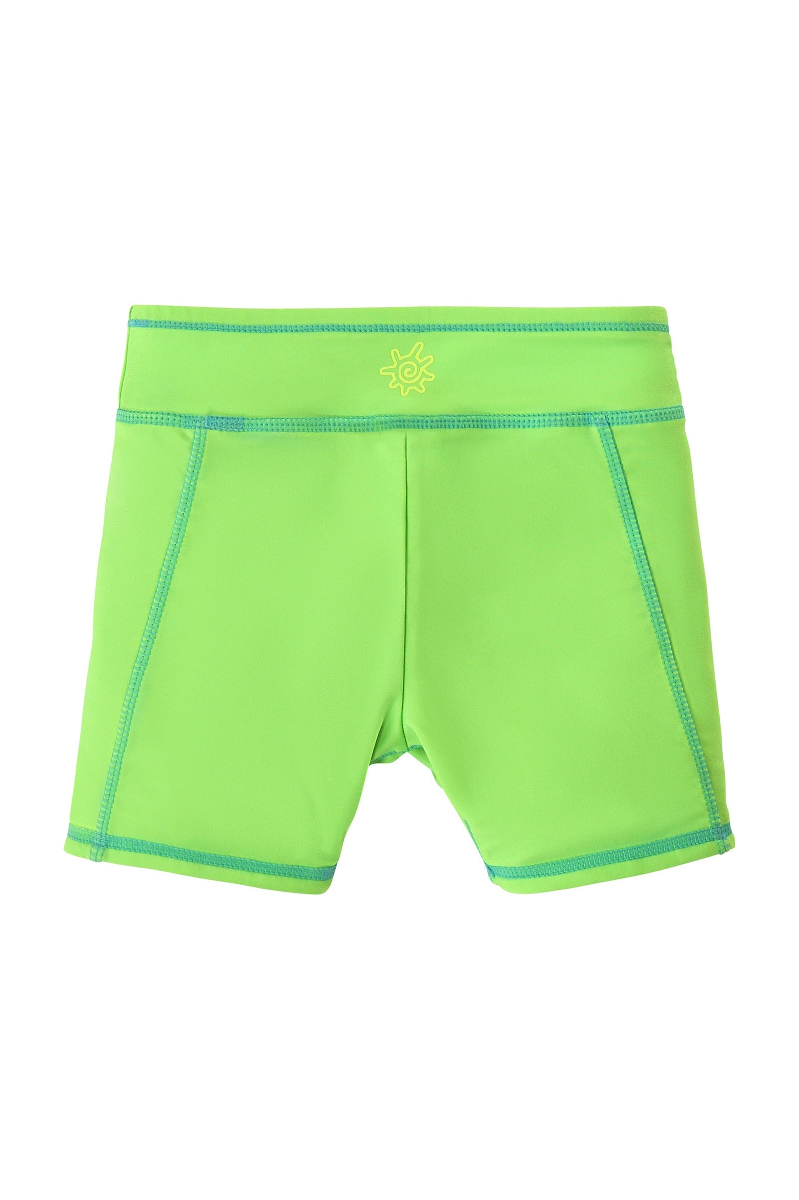 back view of girls neon reversible active swim shorts in neon green|neon-sky-neon-green