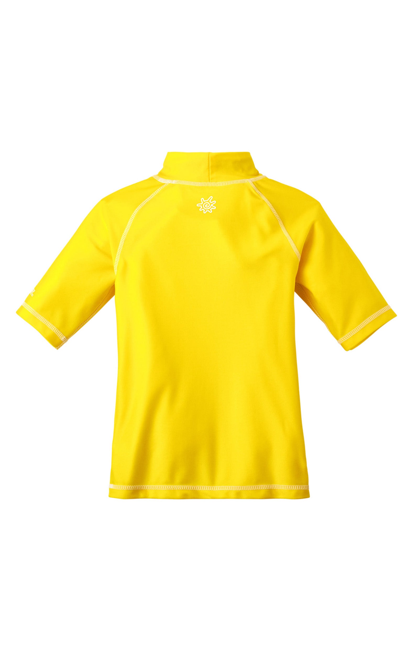 Back of the kid's short sleeve swim shirt in cyber yellow|cyber-yellow