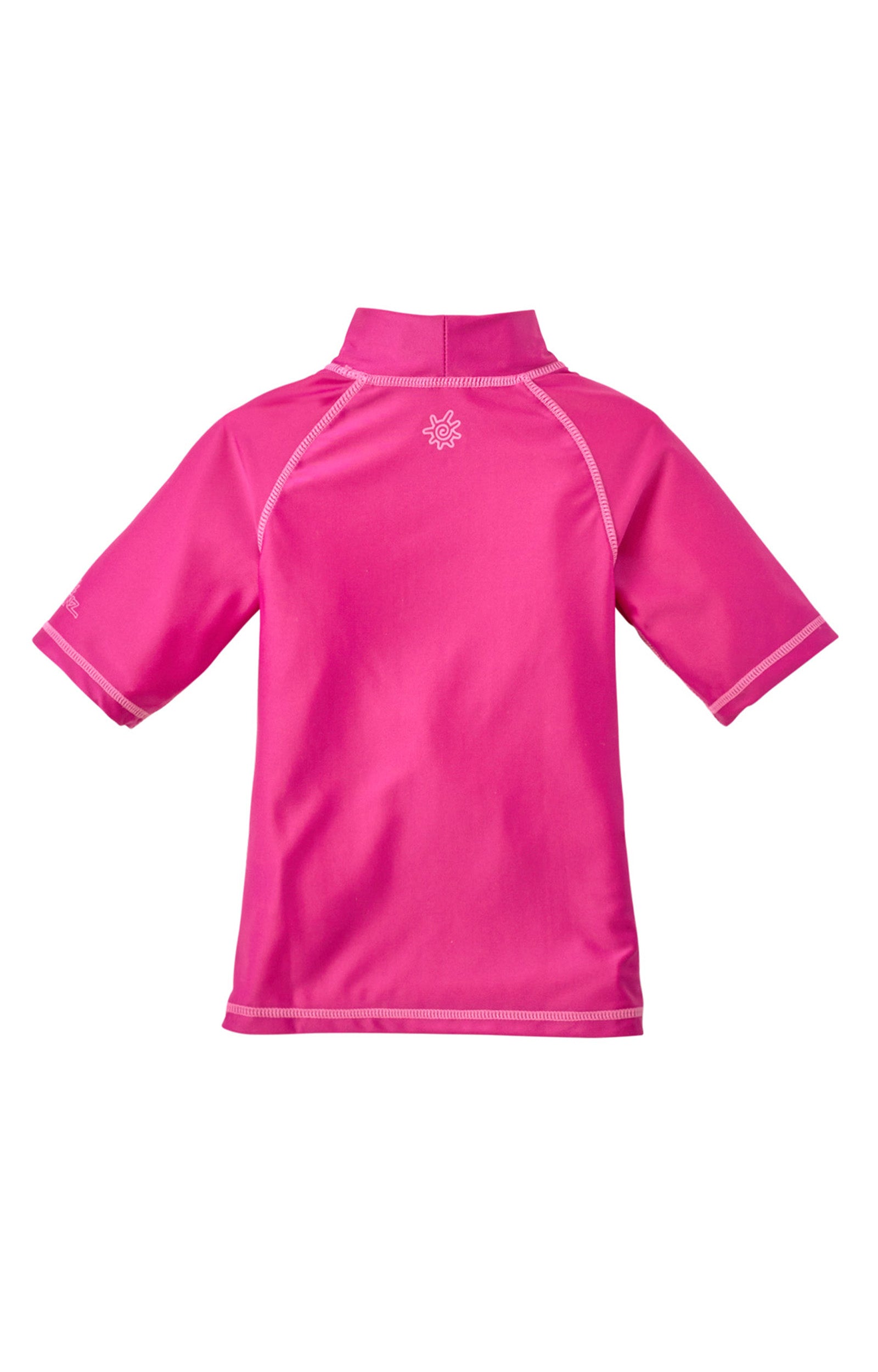 Back of the kid's short sleeve swim shirt in hot pink|hot-pink